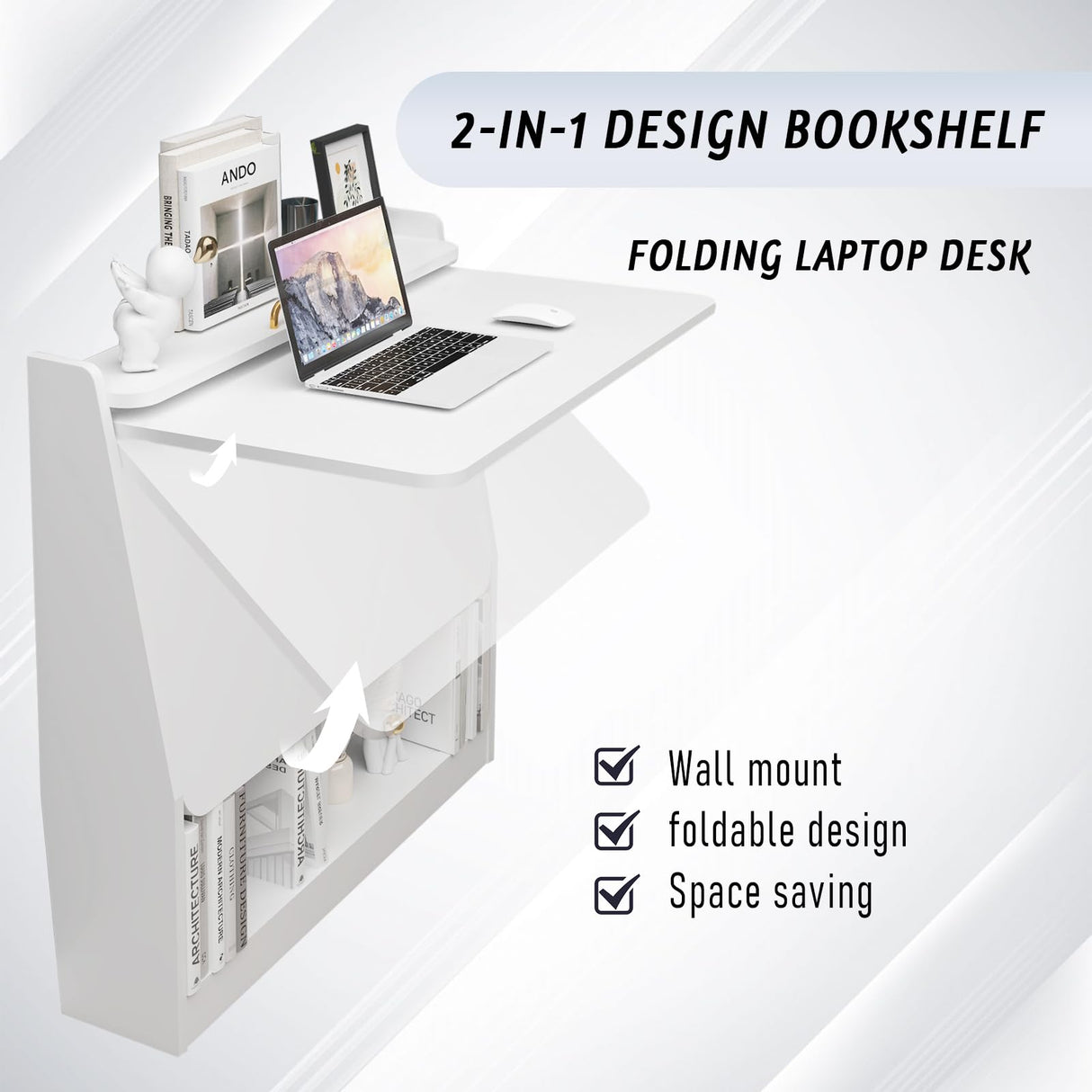 Wall-Mounted Folding Desk with Storage Shelf - Space-Saving Wooden Design in White Pmnianhua