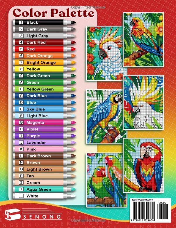 Vibrant Parrots Mystery Mosaics Color By Number: 50 Pixel Art Adventures in Exotic Avian Realms (Mystery Mosaic Color By Number Collection) Majosta