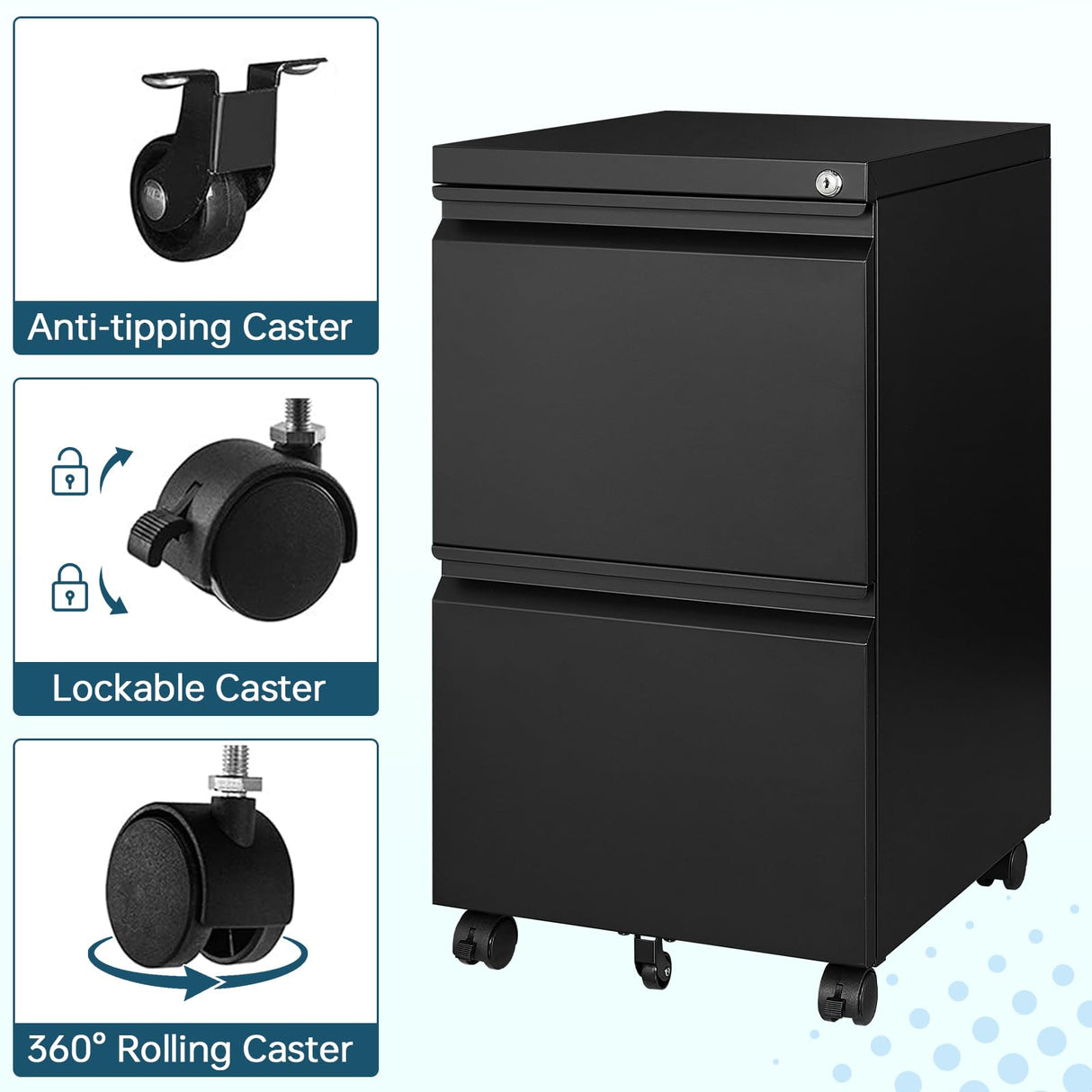 MIIIKO 2 Drawer File Cabinet on Wheels, Home Office Mobile Under Desk with Lock, Vertical Files Drawers for Legal/Letter/A4 MIIIKO