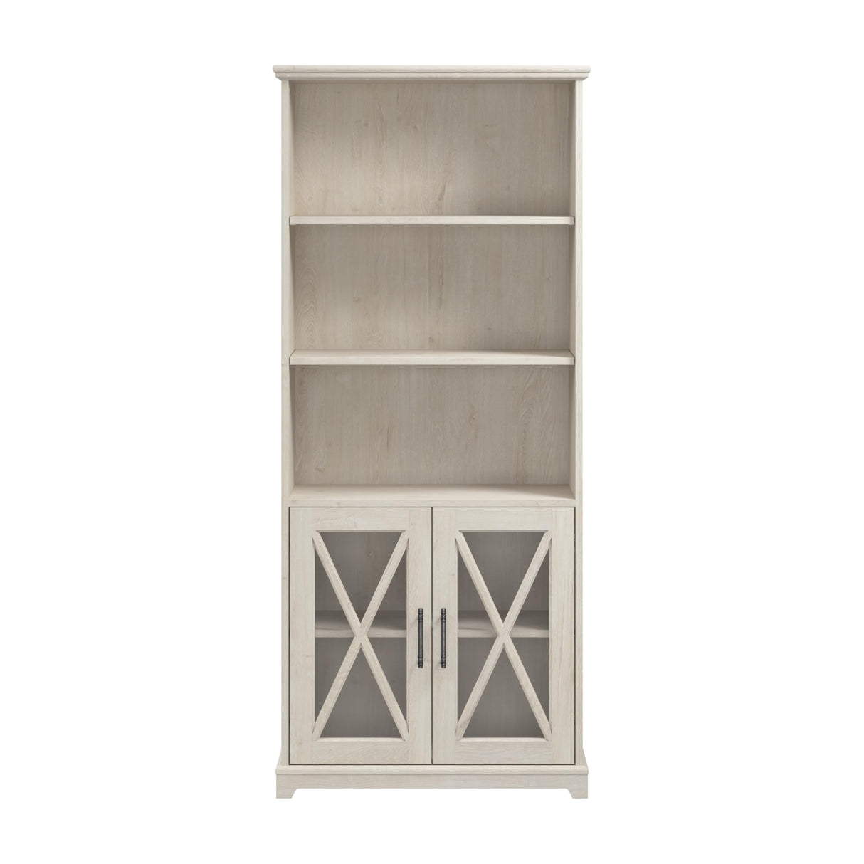 Lennox Tall 5 Shelf Bookcase with Glass Doors in Linen White Oak - Stylish Farmhouse Storage Solution Bush Business Furniture