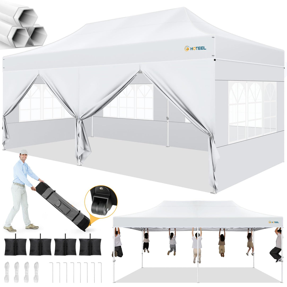 Hoteel Canopy 10x20 Heavy Duty Pop Up Canopy Tent with 6 Sidewalls,UPF50+ and Waterproof 1500mm,3 Height Adjustable,Upgraded Hexagonal Pipe,Commercial Instant Tent,for Picnic,Parties,Wedding,White Hoteel