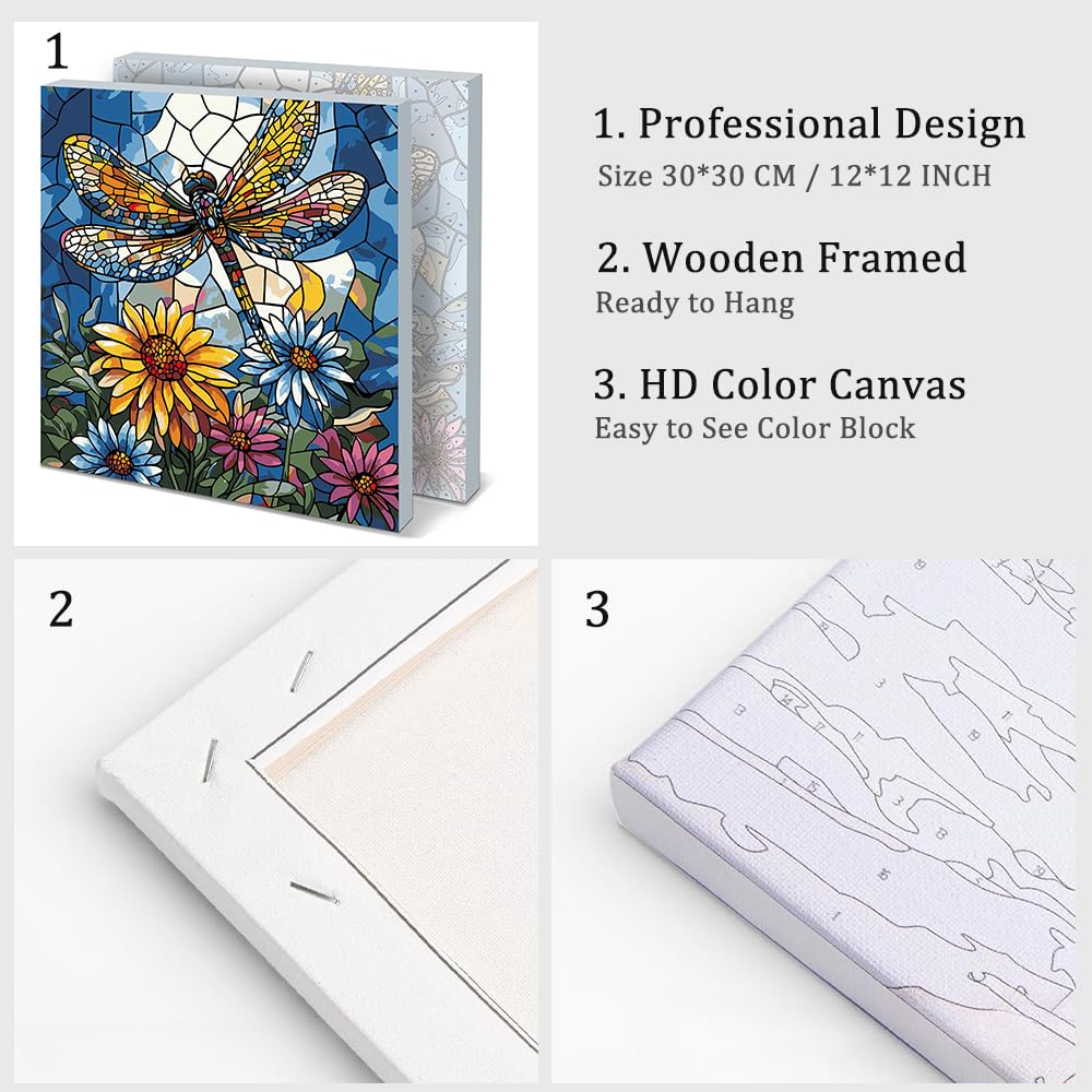 Natuyalo Dragonfly Paint by Number for Adults Beginners, Abstract DIY Paint by Numbers Kits for Adults with Frame, Animals Acrylic Painting Kit on Canvas for Wall Decor 12x12 Inch Natuyalo