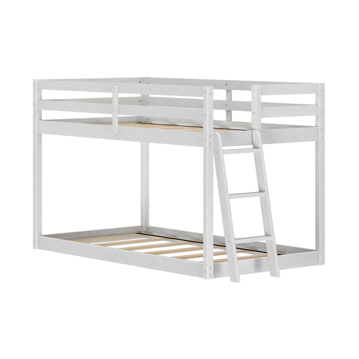 Grain & Grove Bear Twin Over Twin Bunk Bed, Low Bunk Bed Frame for Kids, Bunk with Ladder, Guardrail, and Slats, No Box Spring Required, Brushed White Grain & Grove