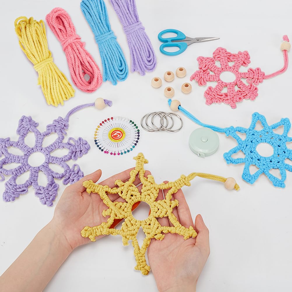 ACRNIGHEET 4pcs Snowflake Christmas Macrame Kit for Beginners, Xmas Tree Hangings Kits, Learn to Macrame with Step-by-Step Tutorials, Christmas Gifts ACRNIGHEET