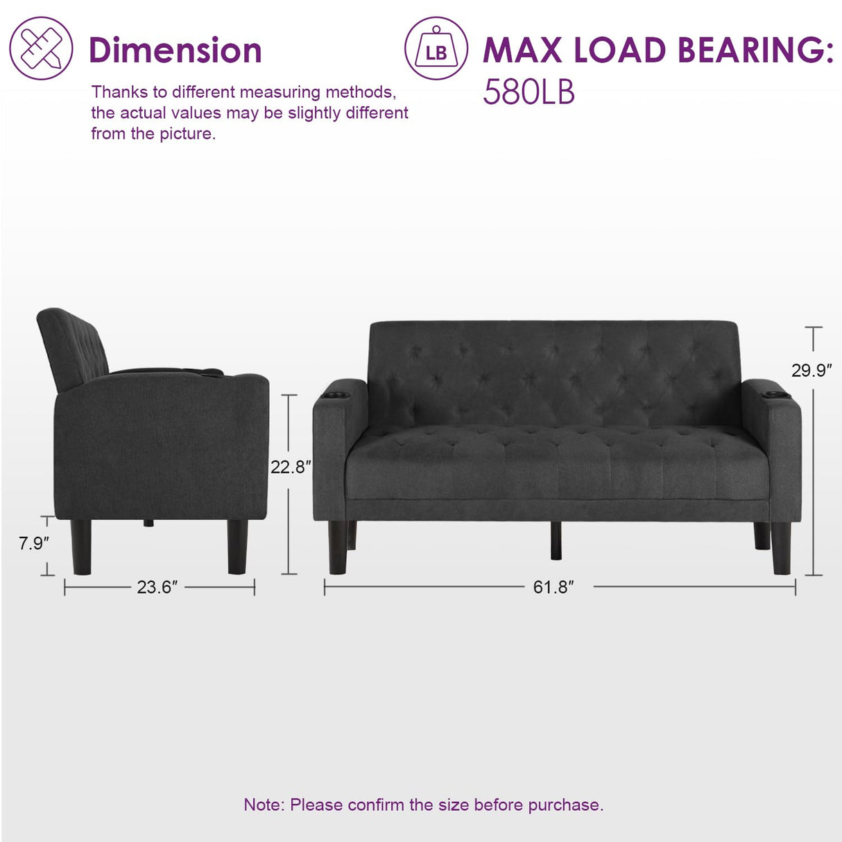 TYBOATLE Mid-Century Modern Tufted Loveseat Sofa w/ 2 USB Charger Ports and 2 Cupholders, Linen Fabric Small Love Seat Couches for Compact Living Room, Bedroom, Apartment, Dorm, 62" W (Dark Grey) TYBOATLE