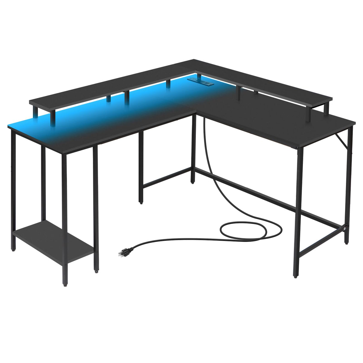 Panana 53.5" L Shaped Computer Desk Gaming Desk with LED Lights and Power Outlets, Reversible L Shaped Corner Desk with Monitor Stand, Home Office Desk with Shelf and USB Port (Black) Panana
