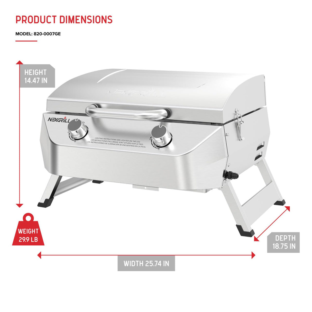 Nexgrill Stainless Steel 2-Burner Portable Gas Grill with Locking Lid, Folding Legs, 20,000 BTUs, 251 SQ In Cooking Space, Tabletop Grill for Camping, Outdoor Cooking, Patios, and More - 820-0007GE Nexgrill
