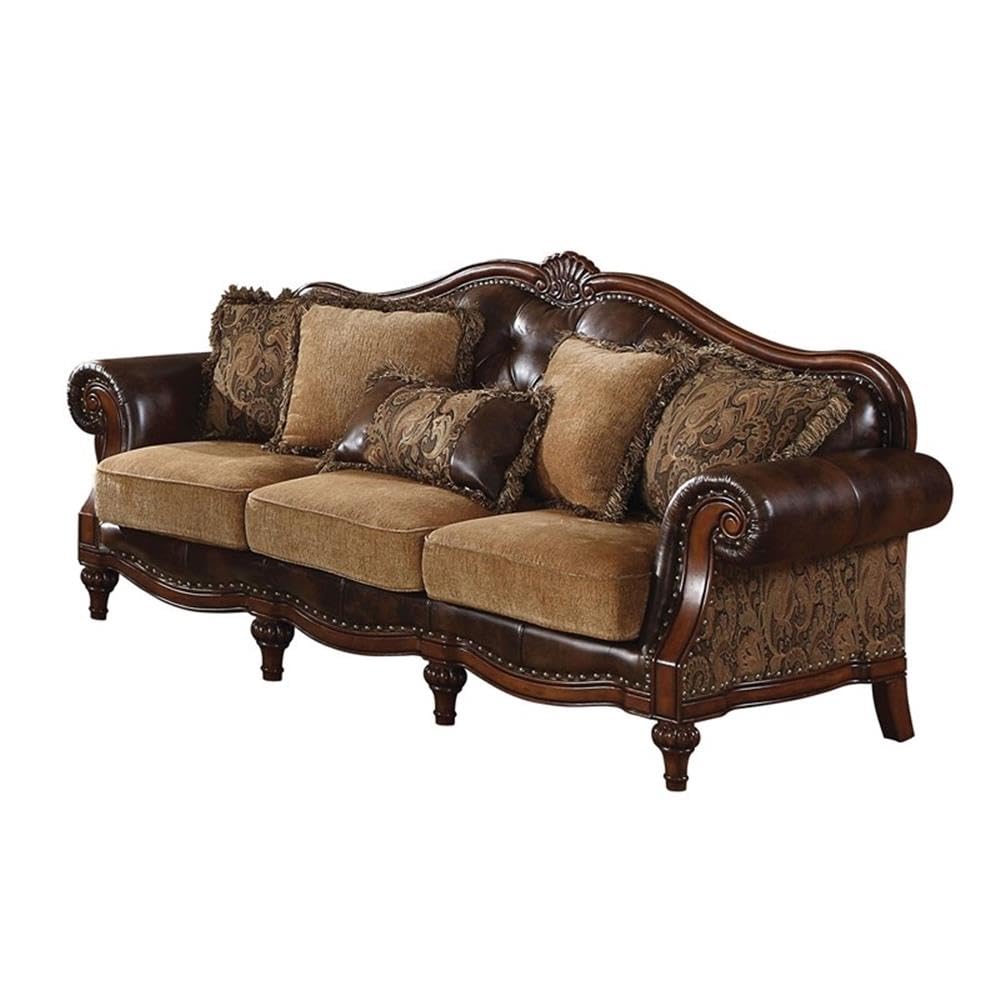 Acme Dreena Rolled Arm Upholstered Faux Leather Sofa with 5 Pillows in Brown Acme