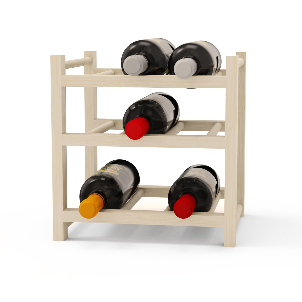 Solid Wood Wine Rack, HUTTEN 9-Bottle 3-Tier Wine Rack, Sturdy & Durable Wine Storage Cabinet Shelf, Wine Racks Countertop for Kitchen,Countertop,Table Top,Pantry, Home,Room Decor,Bar,Cellar Basement Haihomebest
