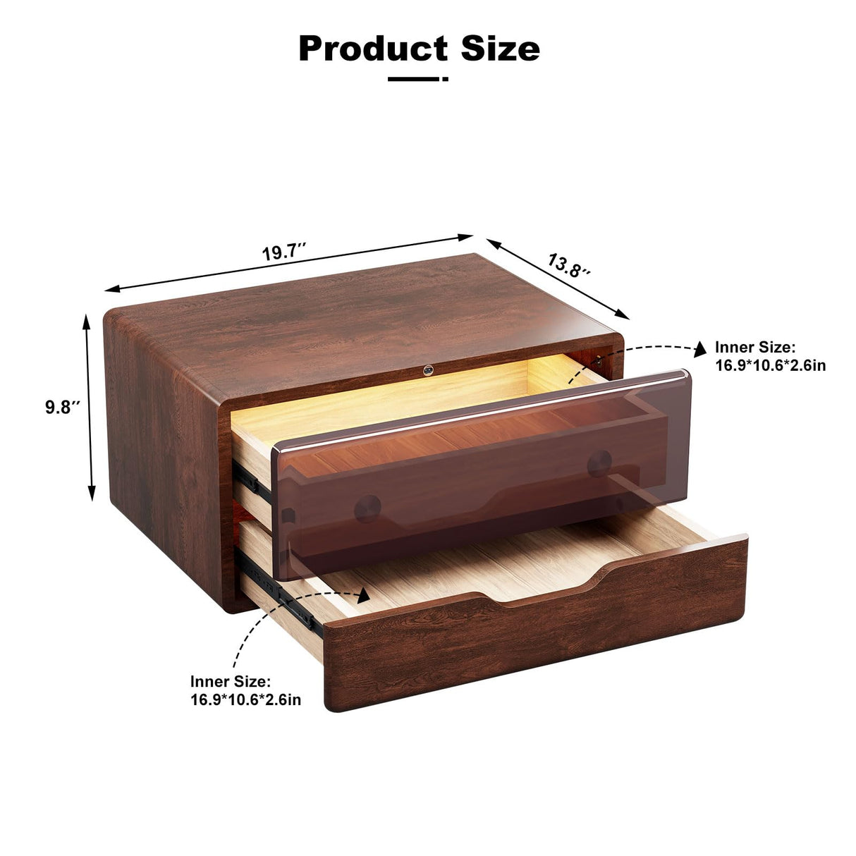 MUSSTUFIC Floating LED Nightstand, Smart Sensor Bedside Wall Mounted Wood Side End Table with 2 Storage Drawers for Bedroom Dorm Small Space, Dark Walnut (Walnut, 1 pcs) MUSSTUFIC