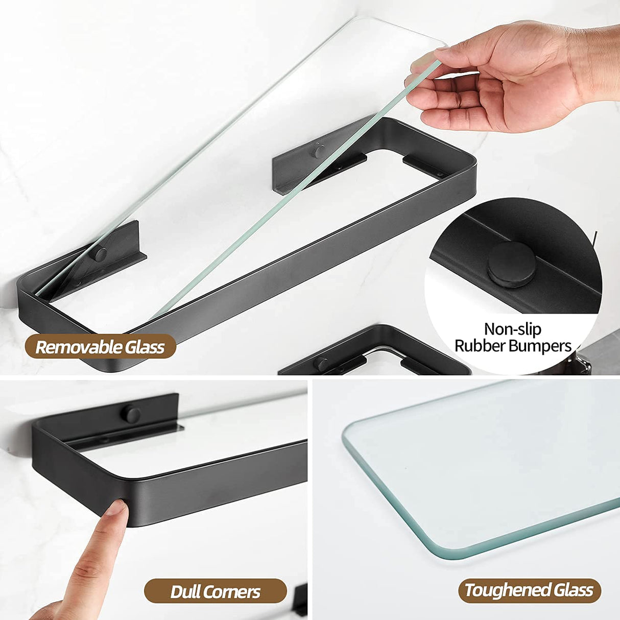 VOLPONE Bathroom Shelves Wall Mounted Glass Shelf for Floating Shelf Tempered Glass Shelves 2 Tier Bathroom Wall Organizer(Black) VOLPONE