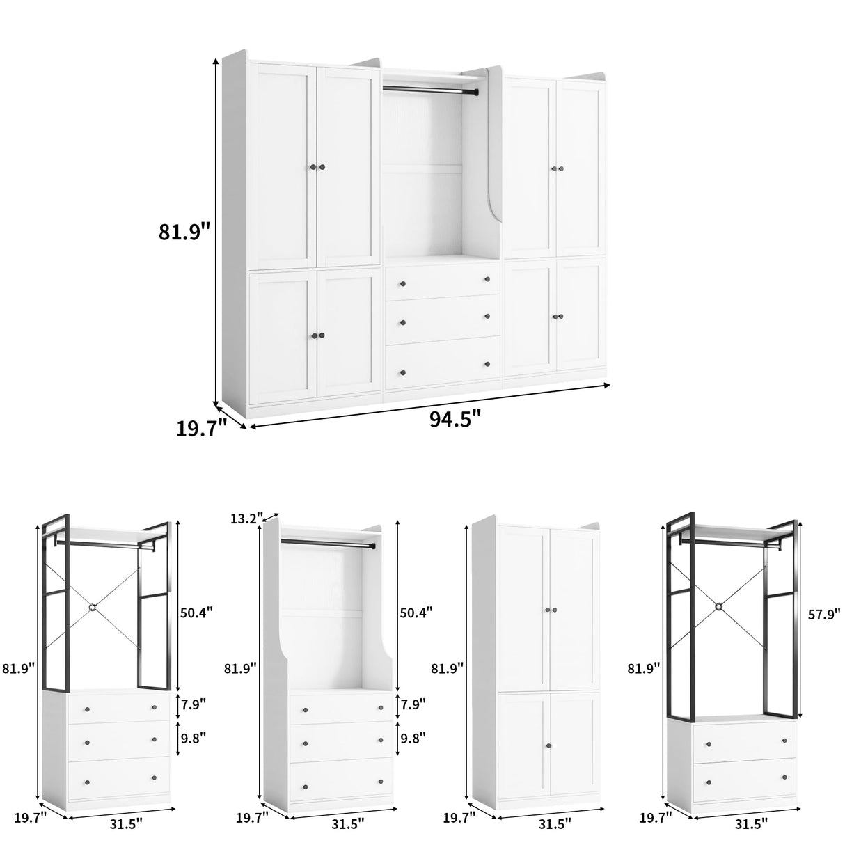 TUSY Larger Armoire Wardrobe Closet with 3 Hanging Rods & 8 Drawers, 81.9" Tall Modern White Bedroom Armoire System, Walk-in Closet Systems Organizer, 81.9”H x 19.7”D x 94.5”W, CAC TUSY