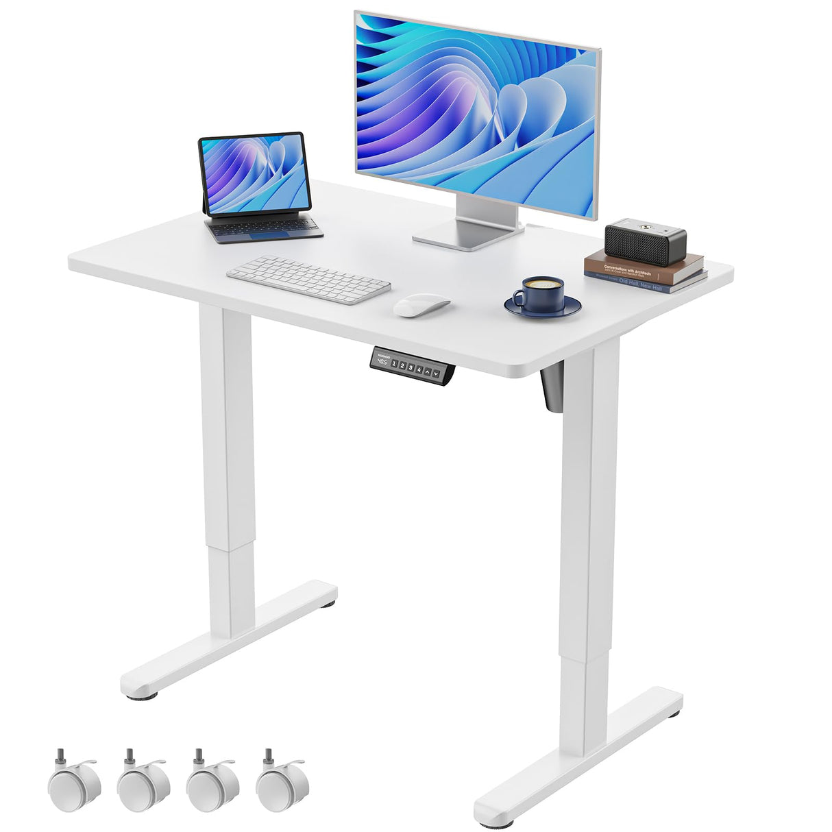 HUANUO Electric Small Standing Desk, 35" x 24" Whole Piece Desktop, Adjustable Height Computer Desk, 4 Height Memory Settings, Sit Stand Up Desk for Home Office, White HUANUO