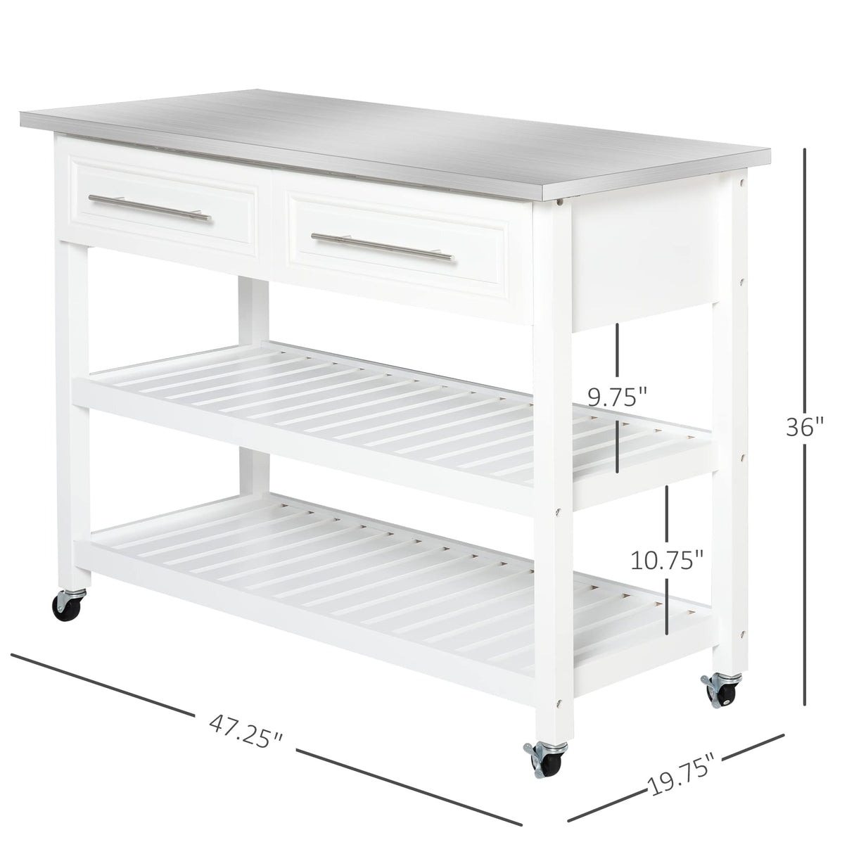 HOMCOM Kitchen Island with Stainless Steel Top, Traditional Kitchen Island with Storage, 2-Tier Open Shelves, Drawers, White HOMCOM
