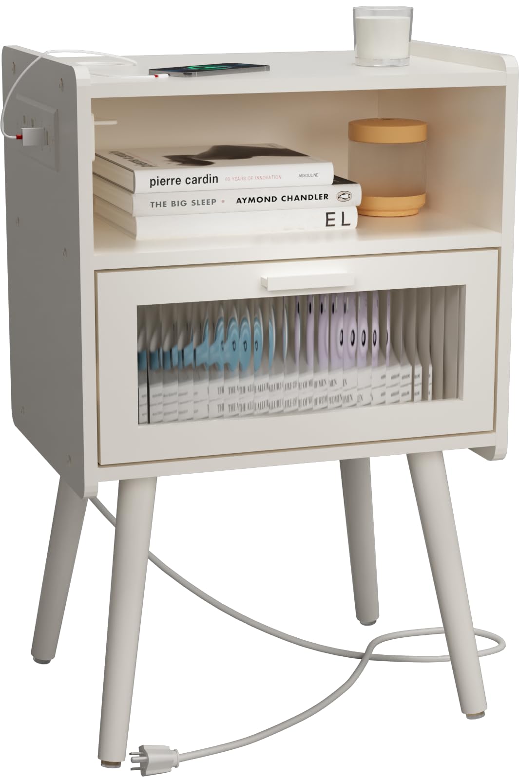 Mid Century Modern Nightstand with Charging Station, Bedside Tables with Glass Drawer, End Table Side Table with 2 Tiers Storage Space, for Bedroom, Living Room, White SOOWERY