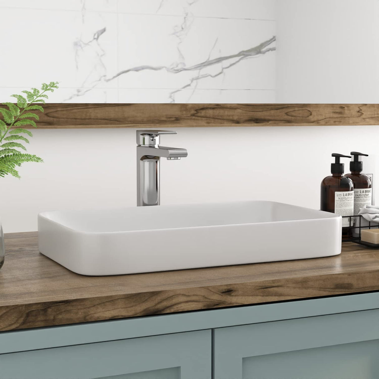 Bathroom Vessel Sink, DeerValley 19'' x 12'' Semi Recessed Bathroom Sink Rectangular White Ceramic Vessel Sinks for Bathroom Modern Bath Sink Bowl Vanity Sink Above Counter Basin DV-1V0047 Deer Valley