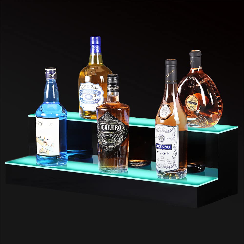 MESAILUP LED Lighted Liquor Bottle Display Shelf 24 Inch 2 Step Bar Liquor Bottle Shelf Commercial Lighting Shelves with Remote Control(2 Tier, 24 inch) MESAILUP