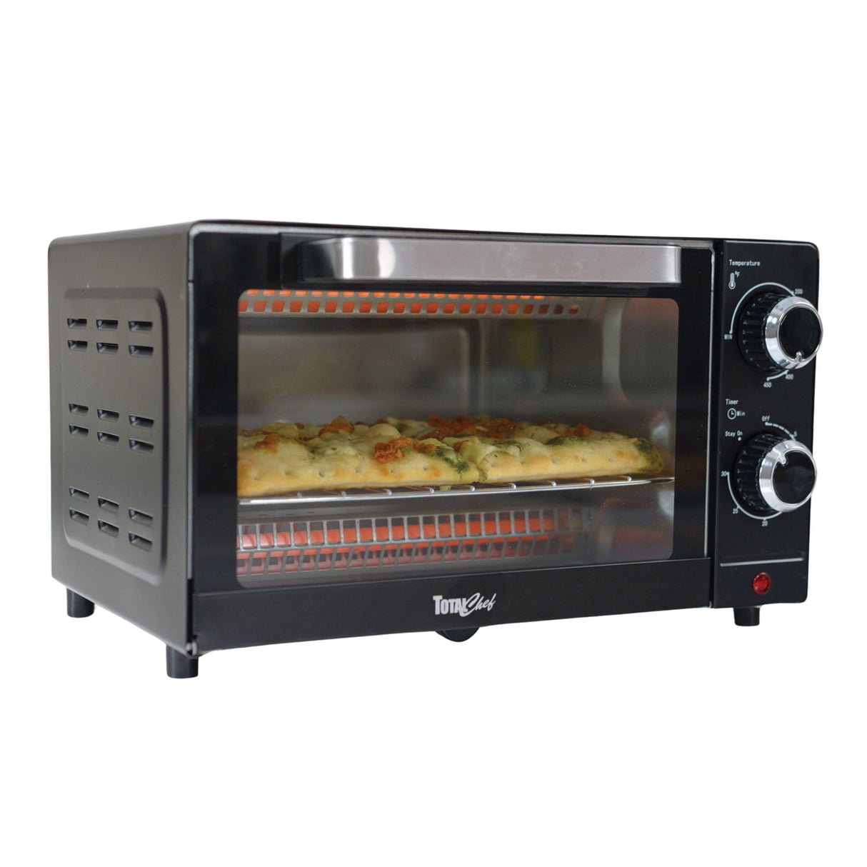 Total Chef Toaster Oven 4 Slice Small Compact Kitchen Appliance Pizza Bake Toast Rost Broil Bread Toaster Auto Shutoff timer Crumble Tray Natural Convection Countertop Black Stainless Steel Koolatron