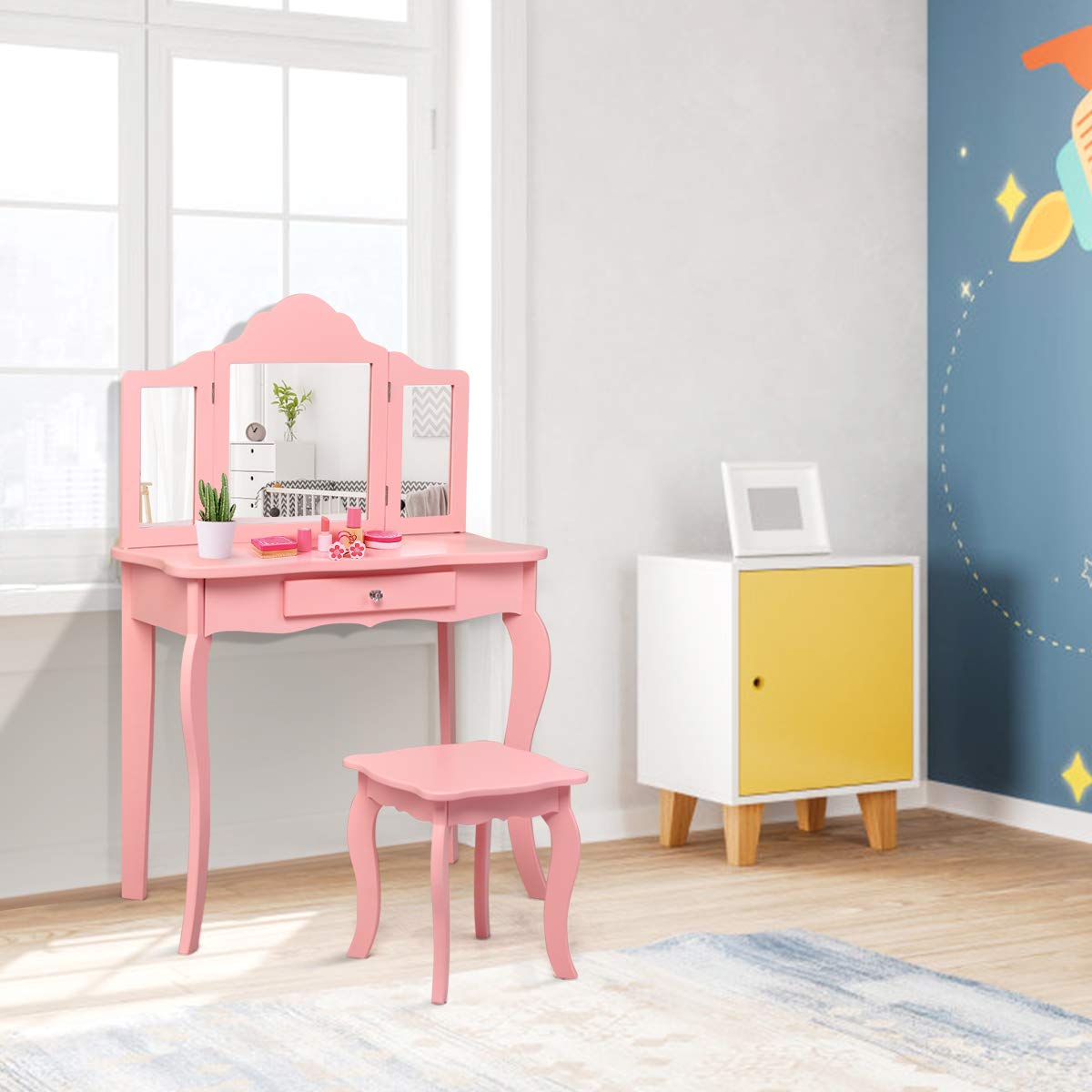 Costzon Kids Wooden Vanity Table & Stool Set, 2 in 1 Detachable Design with Dressing Table and Writing Desk, Princess Makeup Dressing Table with Two 180° Folding Mirror, for Girls, Kids (Pink) Costzon