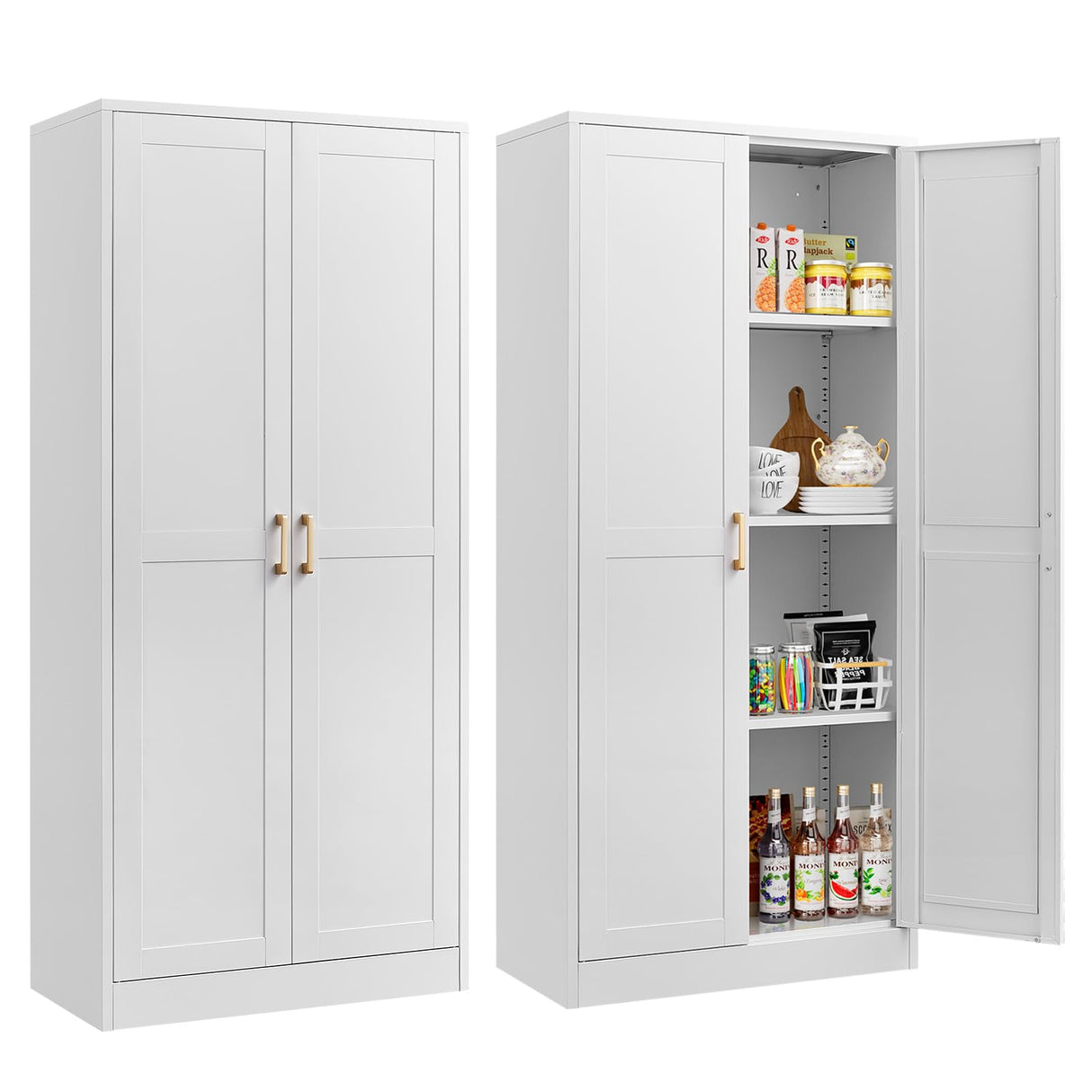 Kitchen Cabinet Storage,60”Metal Pantry Cabinet with Doors and 3 Adjustable Shelves,Food Pantry Cabinets with 2 Gold Handles,White Tall Storage Cabinet for Livingroom,Pantry,Bathroom,Kitchen SteeLoong