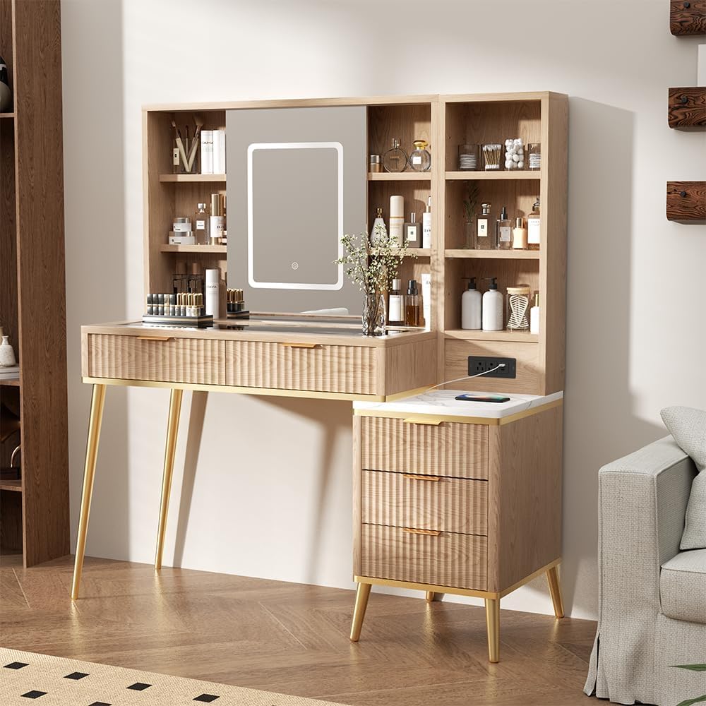 48" Fluted Makeup Vanity Desk with Sliding Mirror and Lights, Wooden Dressing Table with 5 Drawers and Adjustable Shelves,Makeup Vanity Table Modern Glass Top Charging Station for Bedroom (Wooden) TTSITG