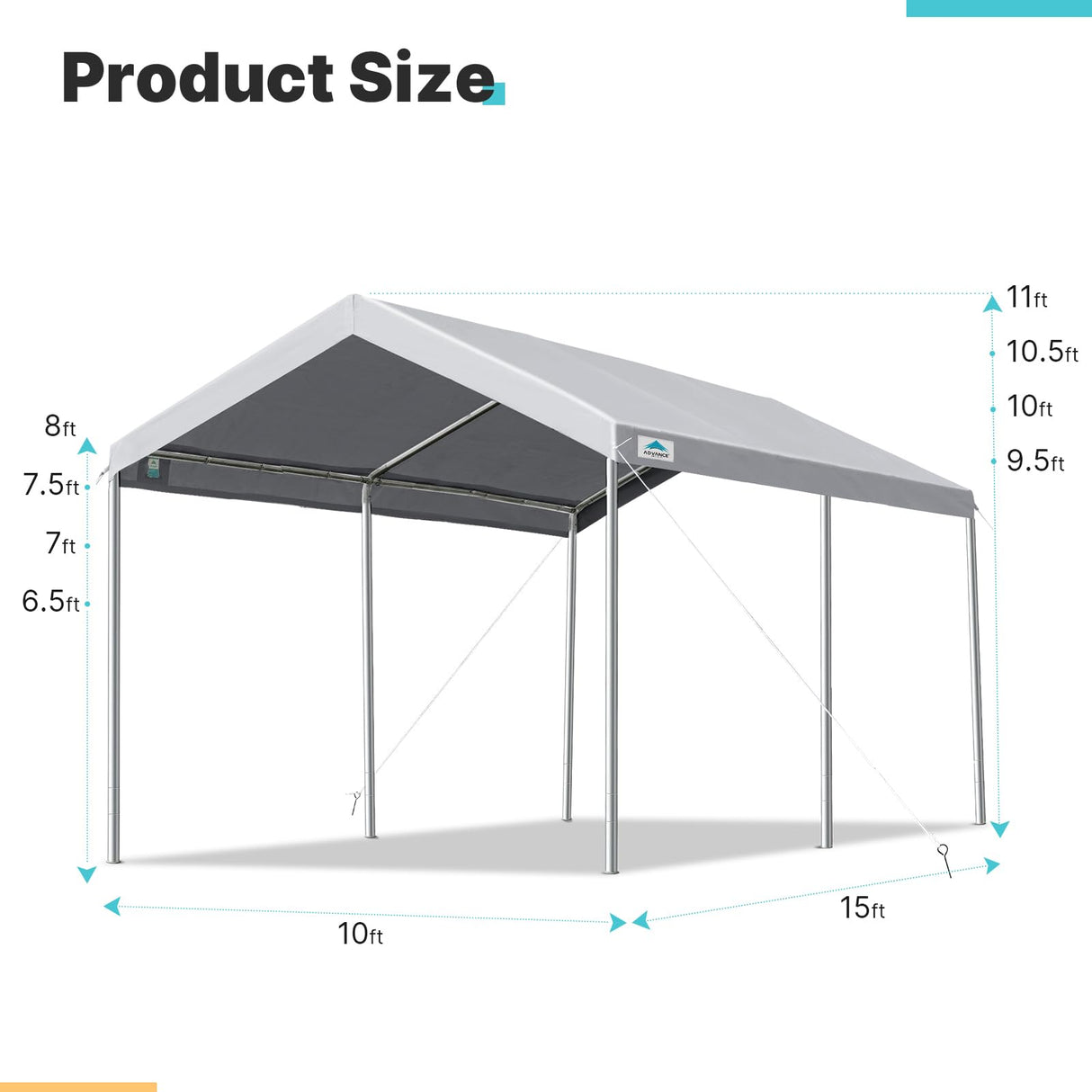 ADVANCE OUTDOOR Adjustable 10x15 ft Heavy Duty Carport Car Canopy Garage Boat Shelter Party Tent, Adjustable Height from 9.5 ft to 11 ft, Gray ADVANCE OUTDOOR