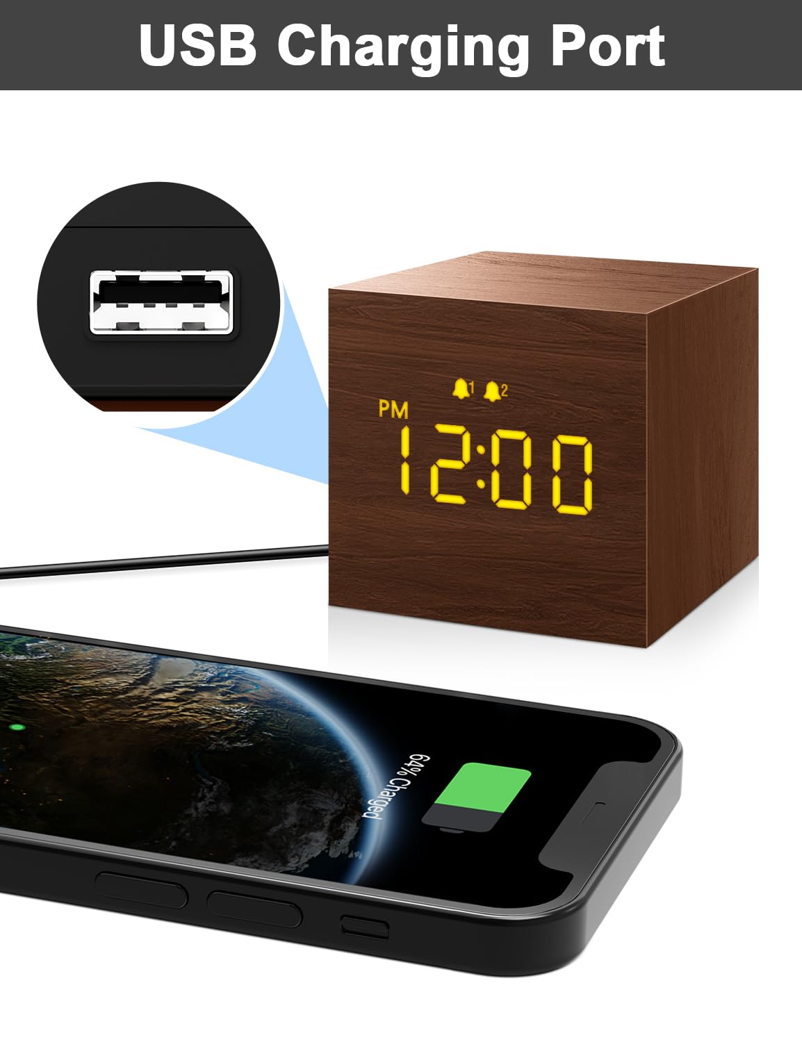 Digital Alarm Clock, with Wooden Electronic LED Time Display, 3 Alarm, 2.5-inch Cubic Small Mini Wood Made Electric Clocks for Bedroom, Bedside, Desk, Brown JALL