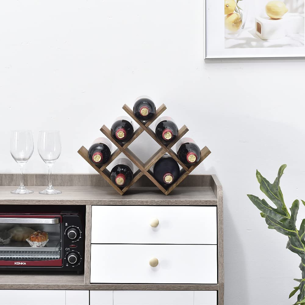 KIRIGEN 8-Bottle Countertop Wine Rack - Wine Bottle Holder for Bar Table/Wine Cabinet Free Standing - Wood 3-Tier Wine Display and Storage Shelves Dark Brown XHJJ3-DBR KIRIGEN