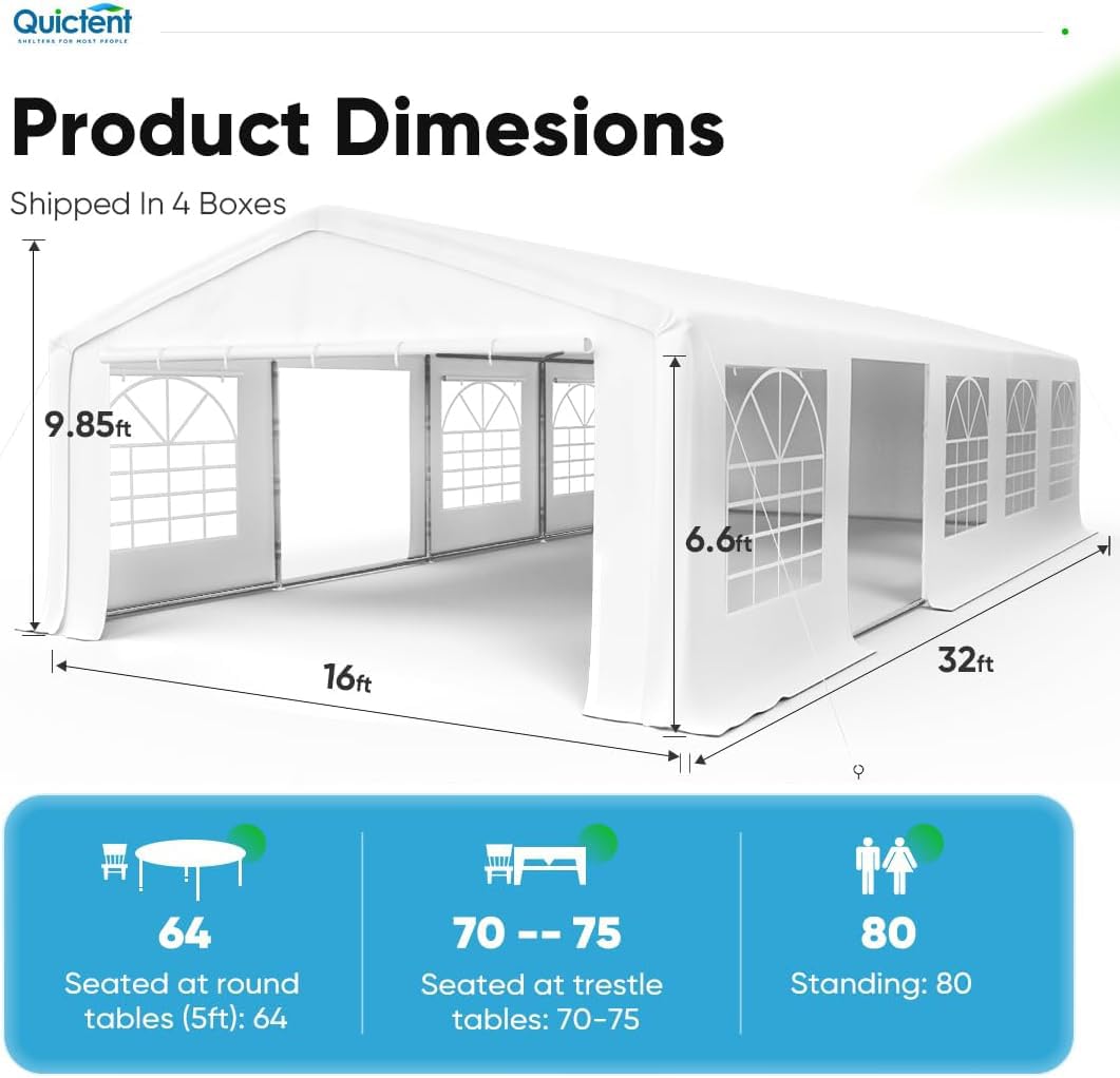 Quictent 16x32ft Party Tent Heavy Duty Outdoor Gazebo White Wedding Tent Canopy Event Shelter Carport with Removable Sidewalls & 4 Carry Bags Quictent