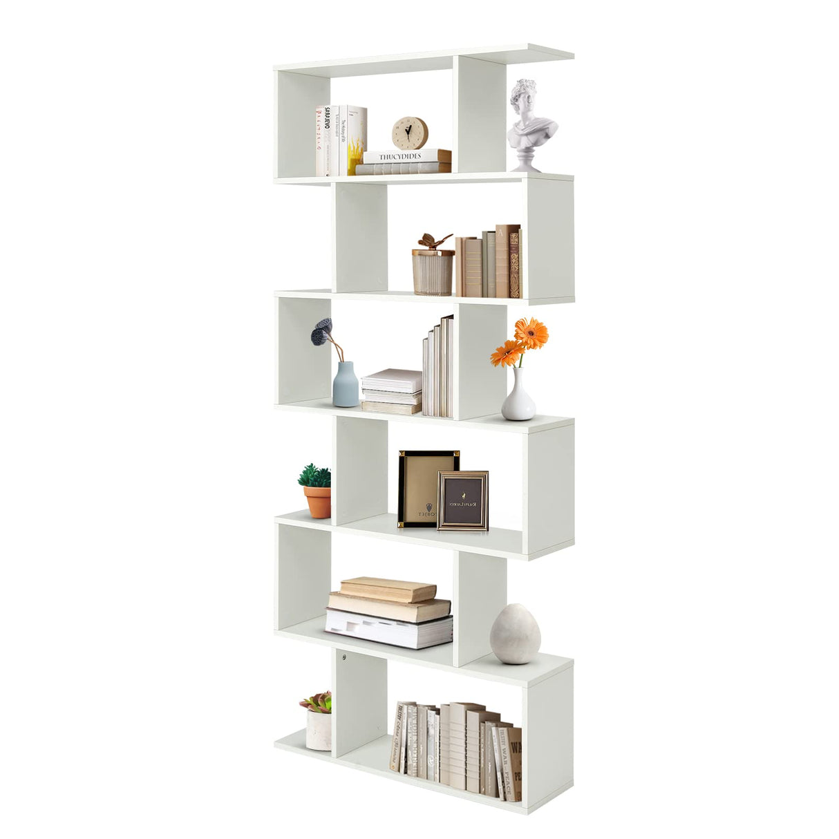 Giantex Geometric Bookcase White, S-Shaped Wooden Bookshelf, 6-Tier Modern Freestanding Decorative Storage Display Shelves for Bedroom, Living Room Giantex