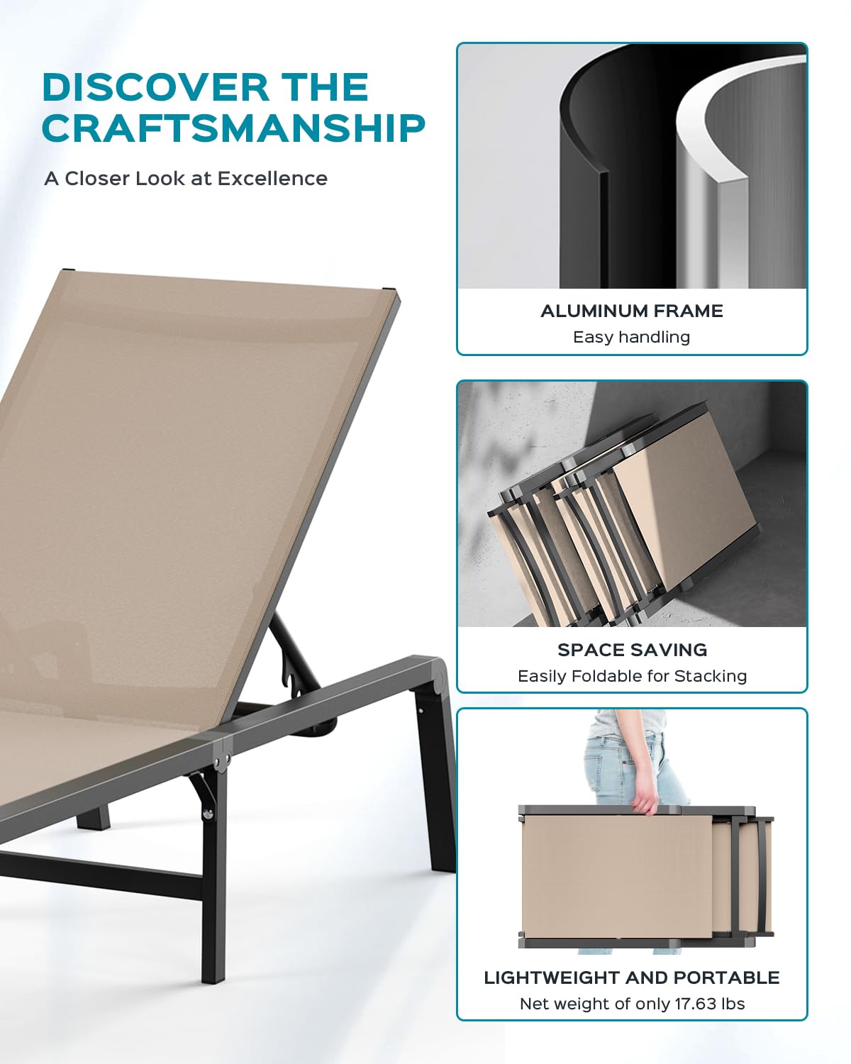 Aluminum Chaise Lounge Ourdoor - Foldable & Assemble Free Outdoor Lounge Chair with 5 Adjustable Backrest, Patio Lounge Chair for Outside Poolside Beach Pool, Khaki Ciokea