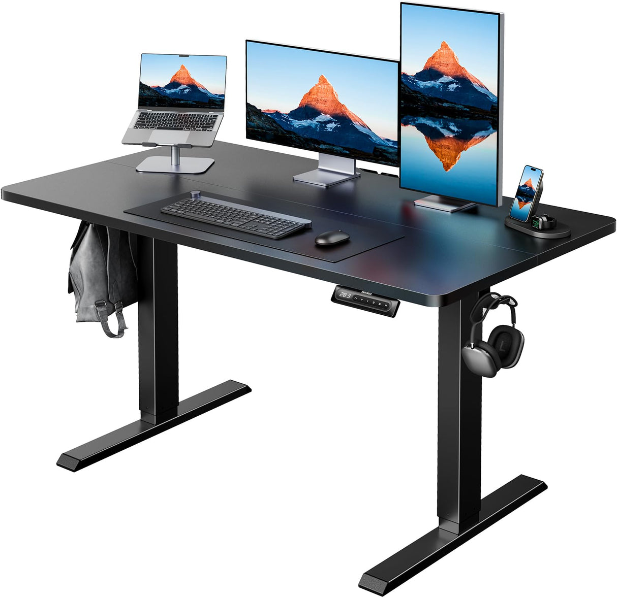 HUANUO 48" x 24" Electric Standing Desk Adjustable Height, 4 Memory Height Settings, Headphone Hook, Cable Manager, Sit Stand Up Desk for Home Office & Computer Workstation, Black HUANUO