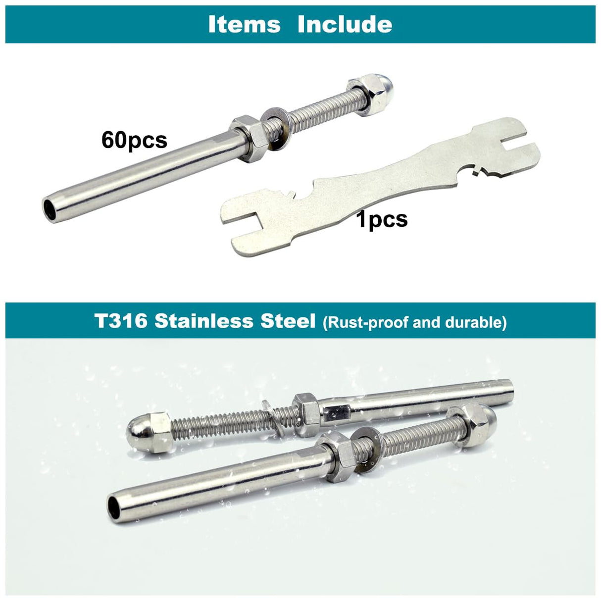 Sowtowe 3/16 T316 Stainless Steel Stud Tensioner Cable Railing Hardware 60pcs,for Wood & Metal Posts Cable Railing System Kit Sowtowe