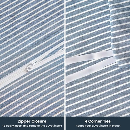 Wake In Cloud - Striped Cotton Duvet Cover Set, 100% Washed Cotton Textured Percale Bedding Set, Ticking Stripe Pinstripe Farmhouse, 3 Pieces, Denim Blue, Twin Size Wake In Cloud