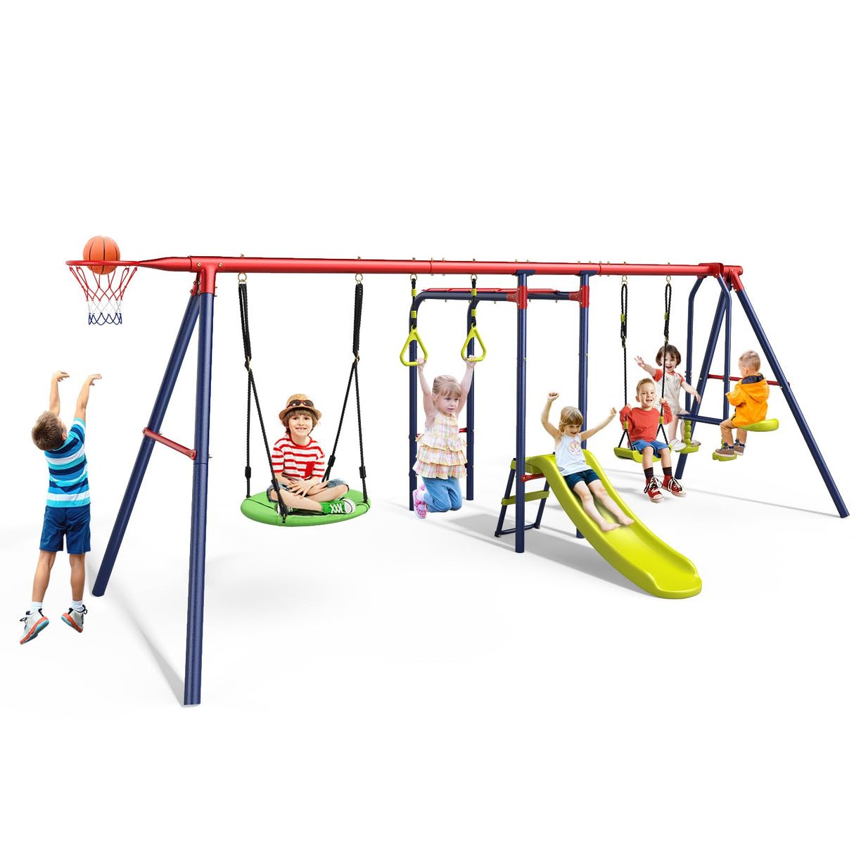 OLAKIDS Swing Sets for Backyard, 7 in 1 Outdoor 660LBS A-Frame Heavy Duty Metal Swing Stand with Monkey Bar for Kids, Playground Playset with Slide, 2 Swings, Glider, Trapeze Rings, Basketball Hoop Olakids