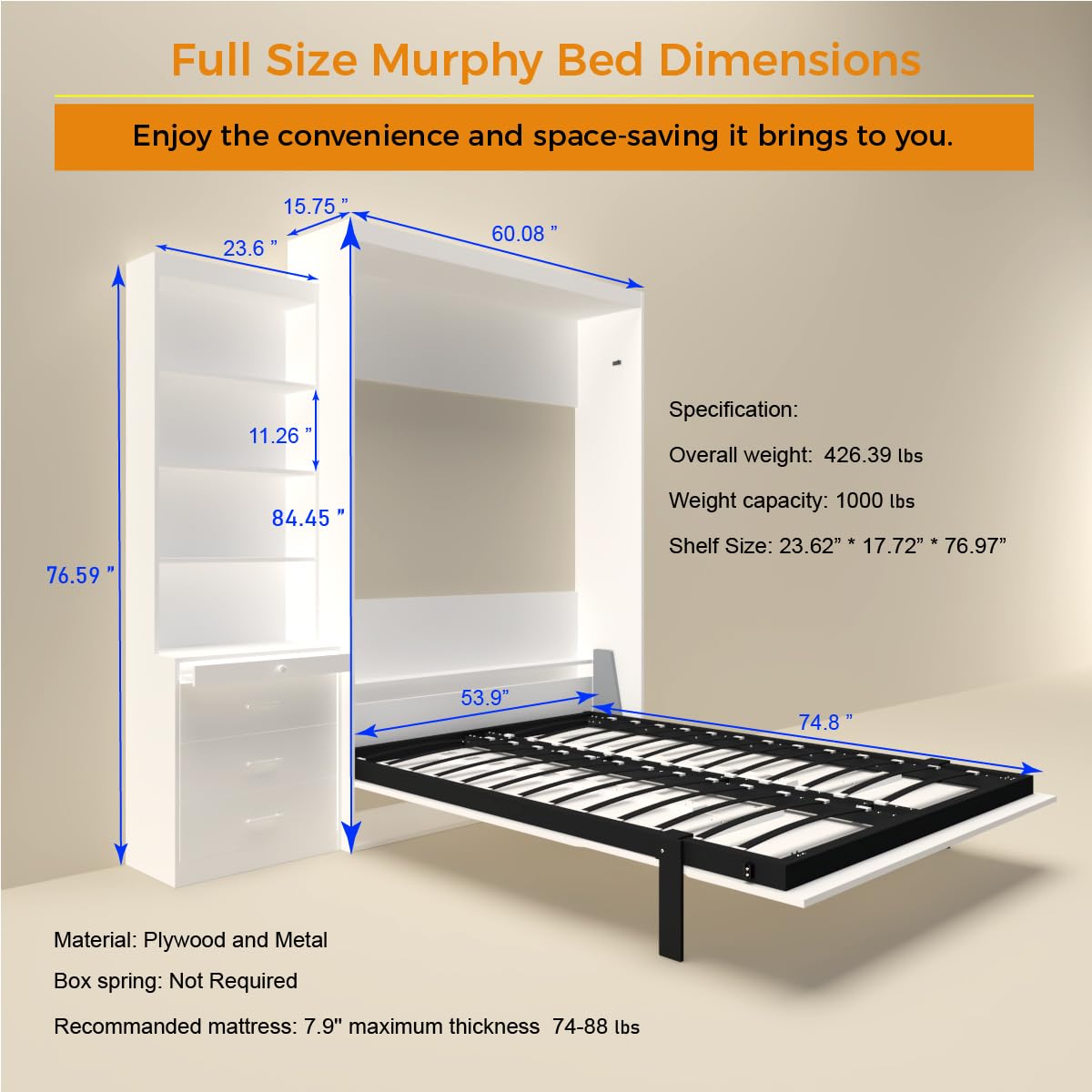 FAVSH Full Size Murphy Bed Cabinet with Shelf and Drawers, Plywood Hidden Beds,Wall Bedframe for Bedroom,Space-Saving, Noise Free, White FAVSH