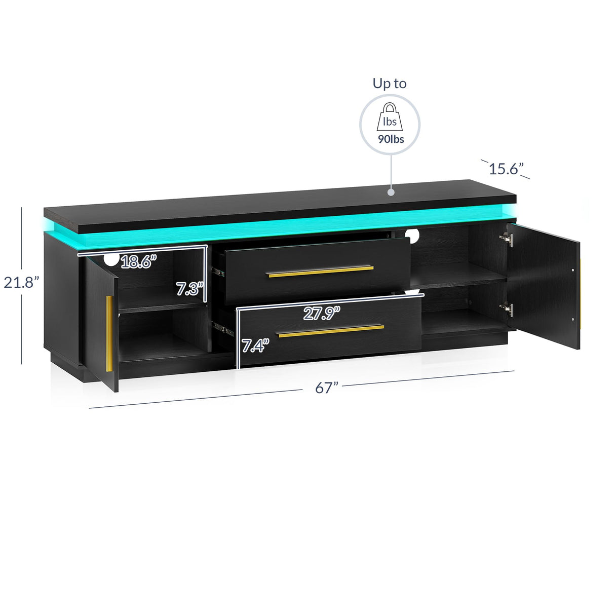 BELLEZE 67" TV Stand for TV up to 75", Modern Entertainment Center with LED Lights Change to Melody of Music, Media Console Table with Cabinets and Drawers for Living Room, Bedroom - Studio (Black) BELLEZE