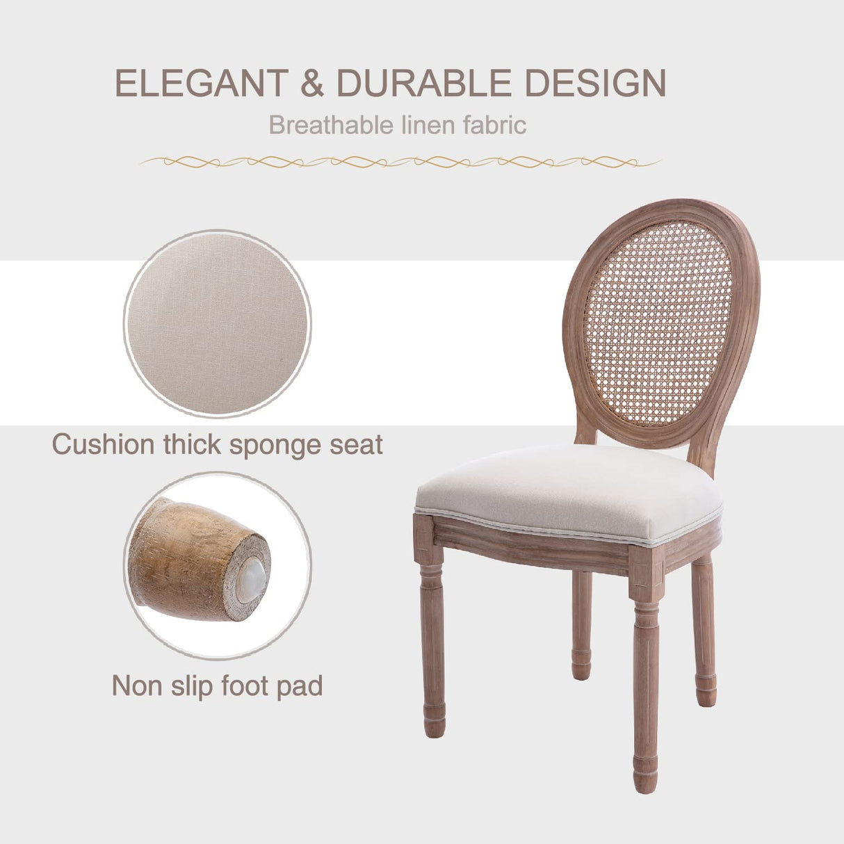 Virabit French Dining Chairs Set of 6, Rattan Farmhouse Upholstered Dining Chairs with Curved Backrest and Beautifully Carved Solid WoodFrame for Living Room, Kitchen, Restaurant Virabit