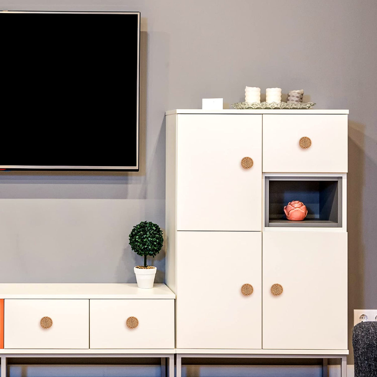 12pcs Wood Drawer Knobs, Round Wooden Dresser Knobs Boho Rattan Drawer Pulls with 24pcs Screws for Dresser Cabinets Boho Wood Furniture (3cm/1.2inch) SAVITA