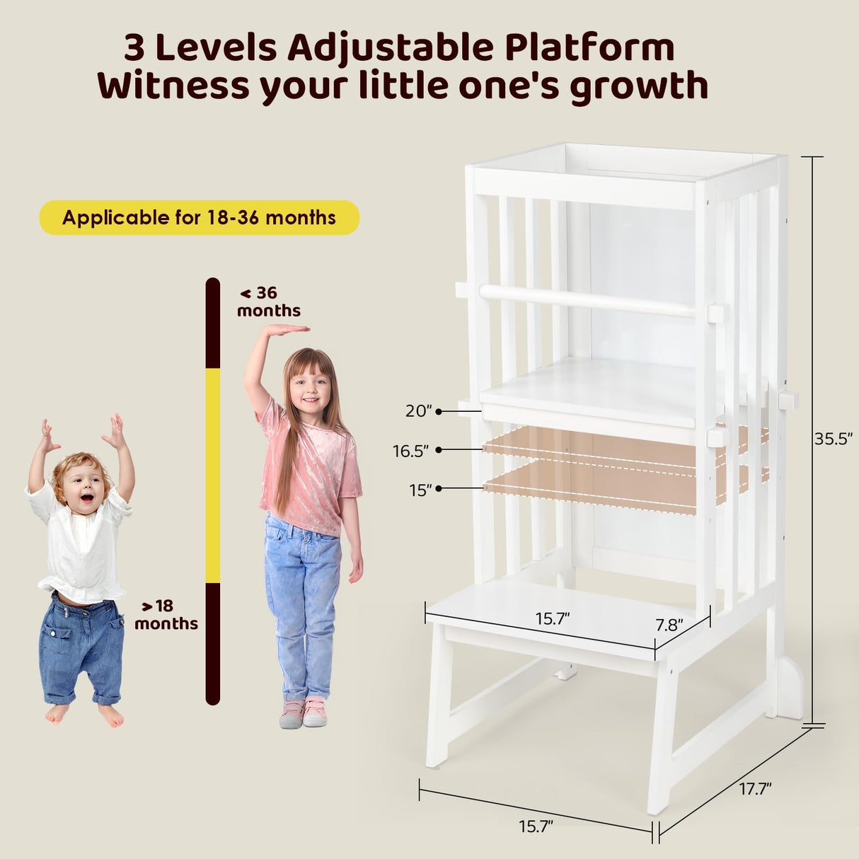 3 Height Adjustable Kids Step Stool, A-Shaped Structure Kids Standing Tower, Wooden Toddler Tower, Kids Standing Tower Aged 18-36 Months,with Safe Fences,Anti-Slip Pads Suit in Kitchen/Bathroom,White KIDINIX