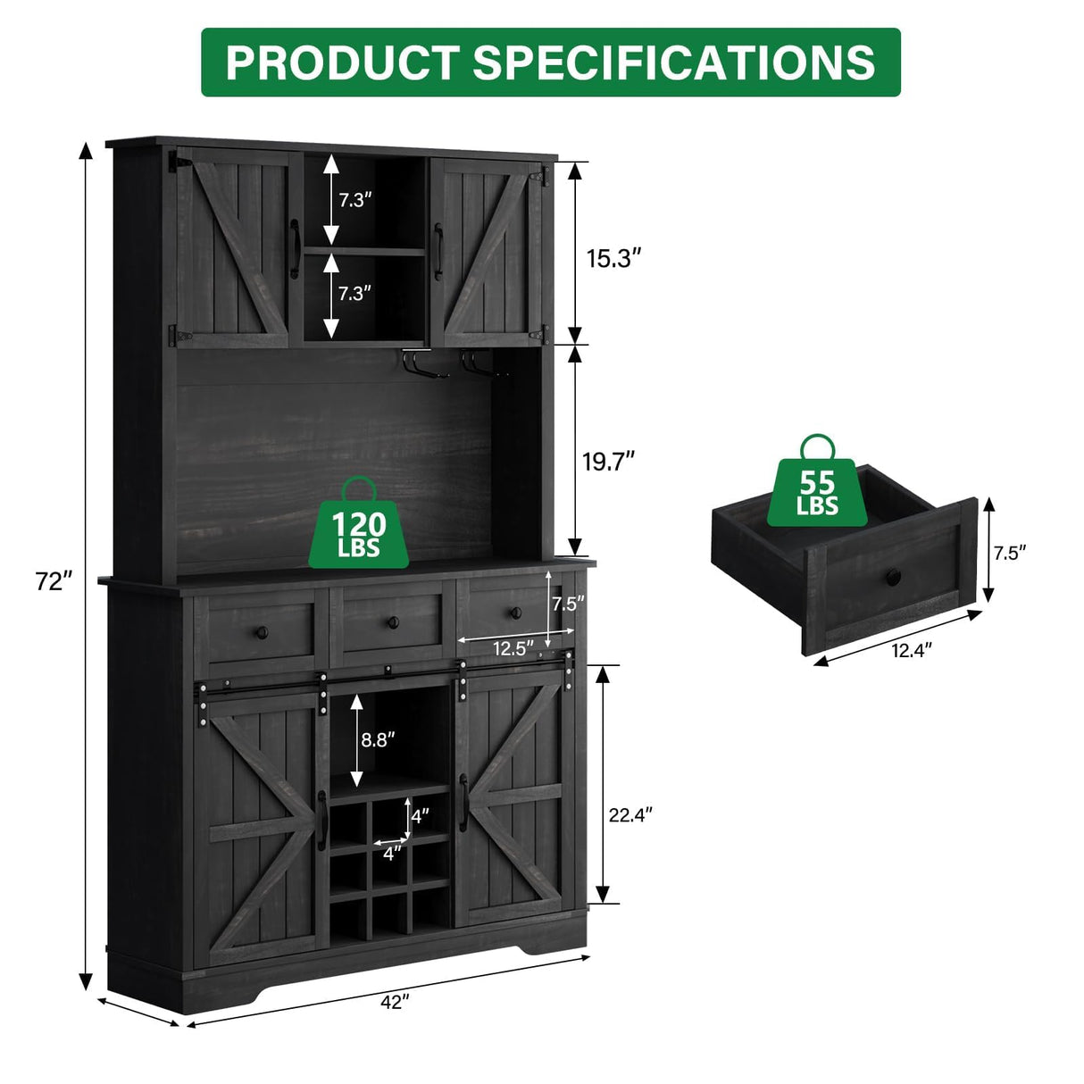 Kitchen Pantry Cabinet with Storage, 72'' Buffet Cabinet with Sliding Barn Doors, Farmhouse Coffee Bar Cabinet with 3 Drawers, Kitchen Pantry with Storage & Wine Rack for Dining Room, Dark Rustic Oak 4 EVER WINNER
