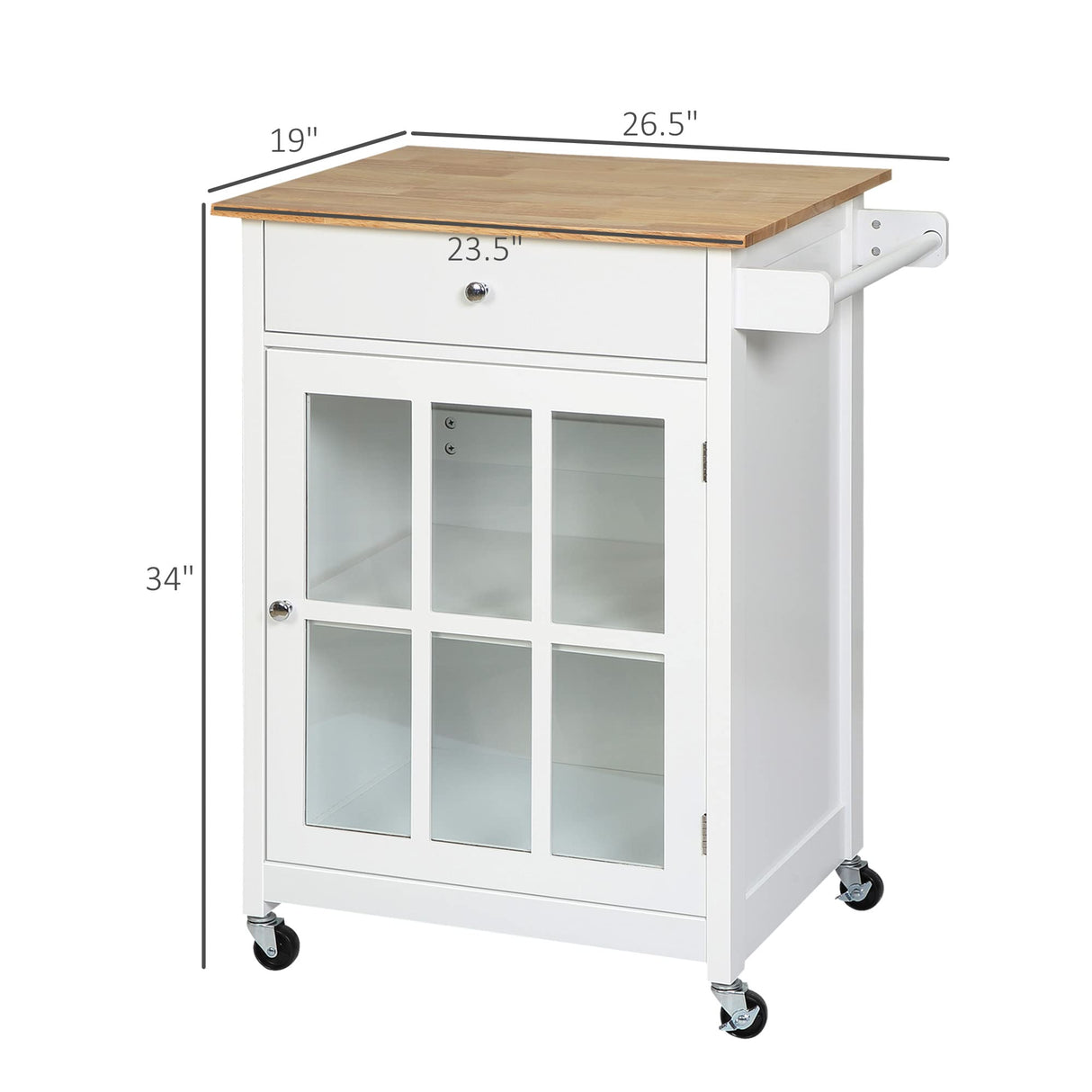 HOMCOM 27" Rolling Kitchen Island Cart with Drawer and Glass Door Cabinet, Kitchen Trolley with Adjustable Shelf and Towel Rack, White HOMCOM