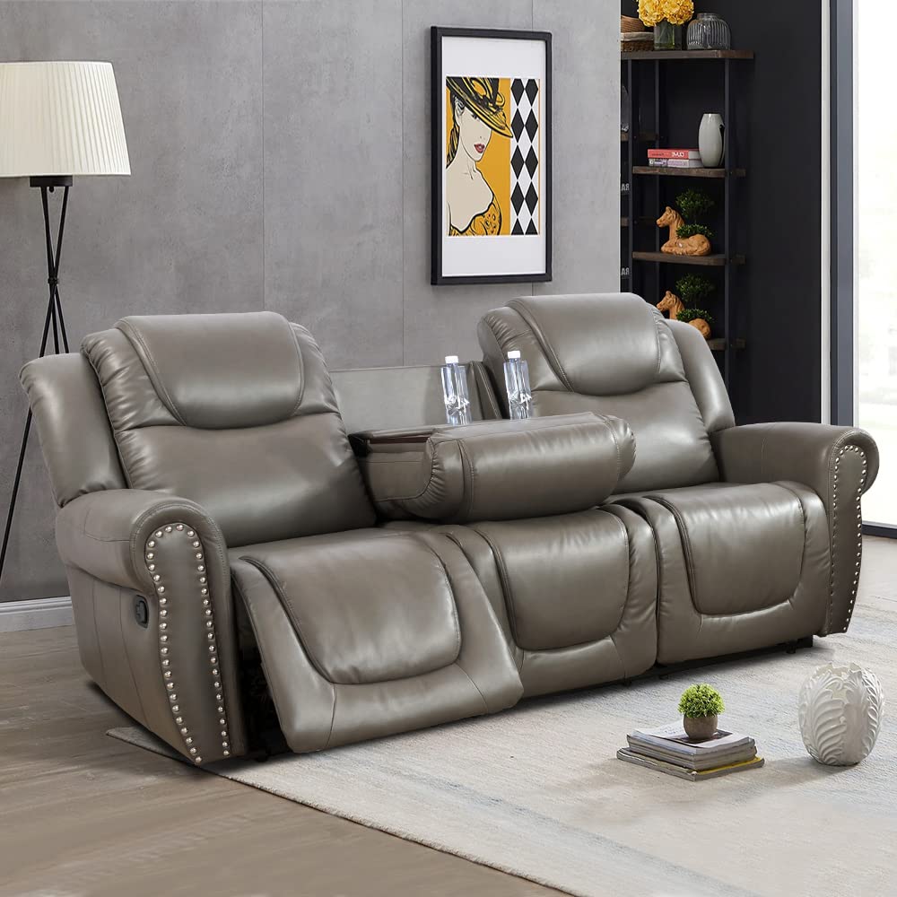 Ocstta Manual Leather Recliner Sofa Set, Living Room Furniture Set,Leather Sofa Set and Recliner Couch for Home/Office(Leather Recliner Sofa) Grey Ocstta