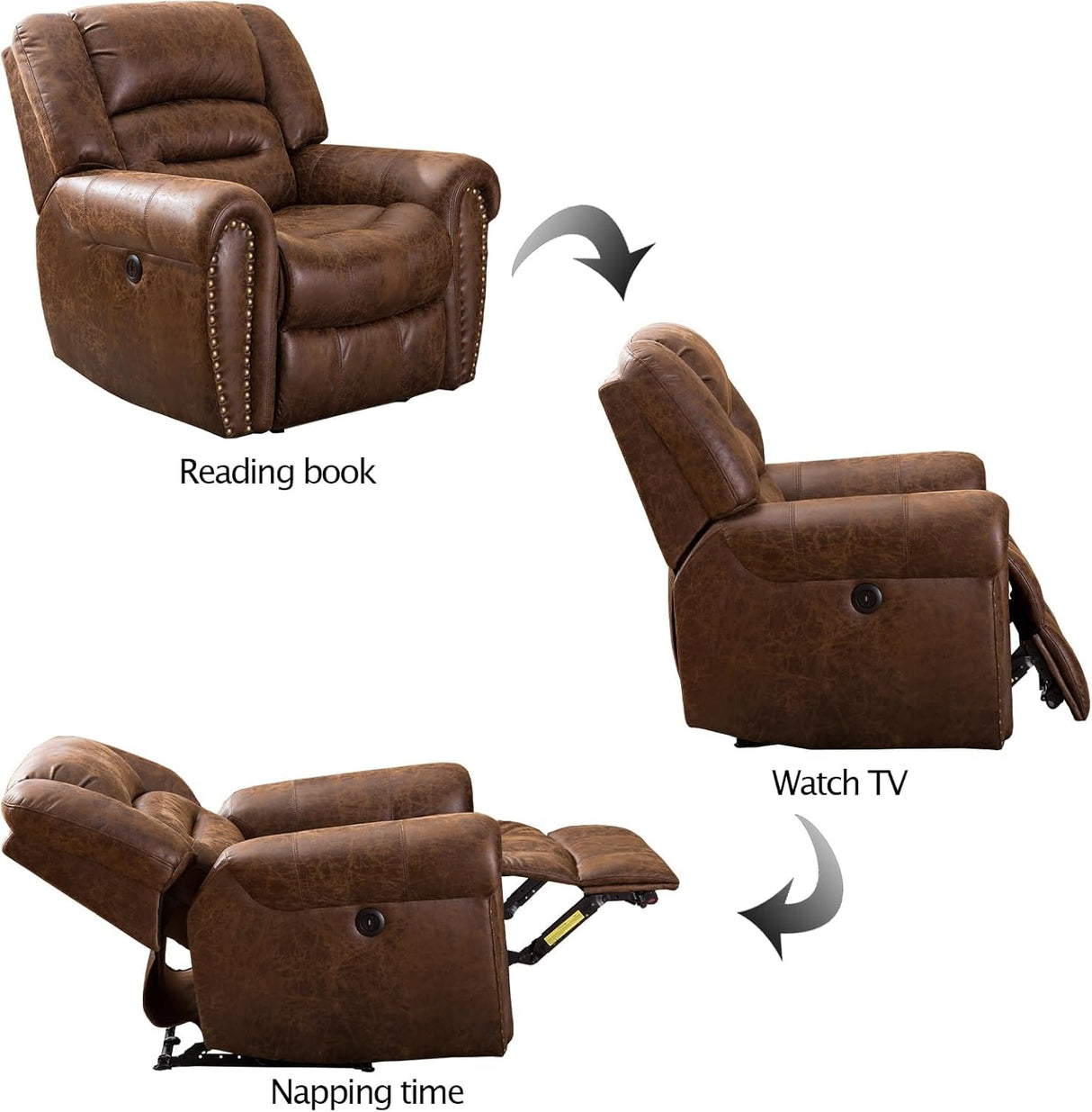 CANMOV Power Recliner Chair,Faux Leather Electric Recliner Chair with Padded Arms and Adjustable Backrest,Single Sofa with USB Charger for Living Room,Nut Brown CANMOV