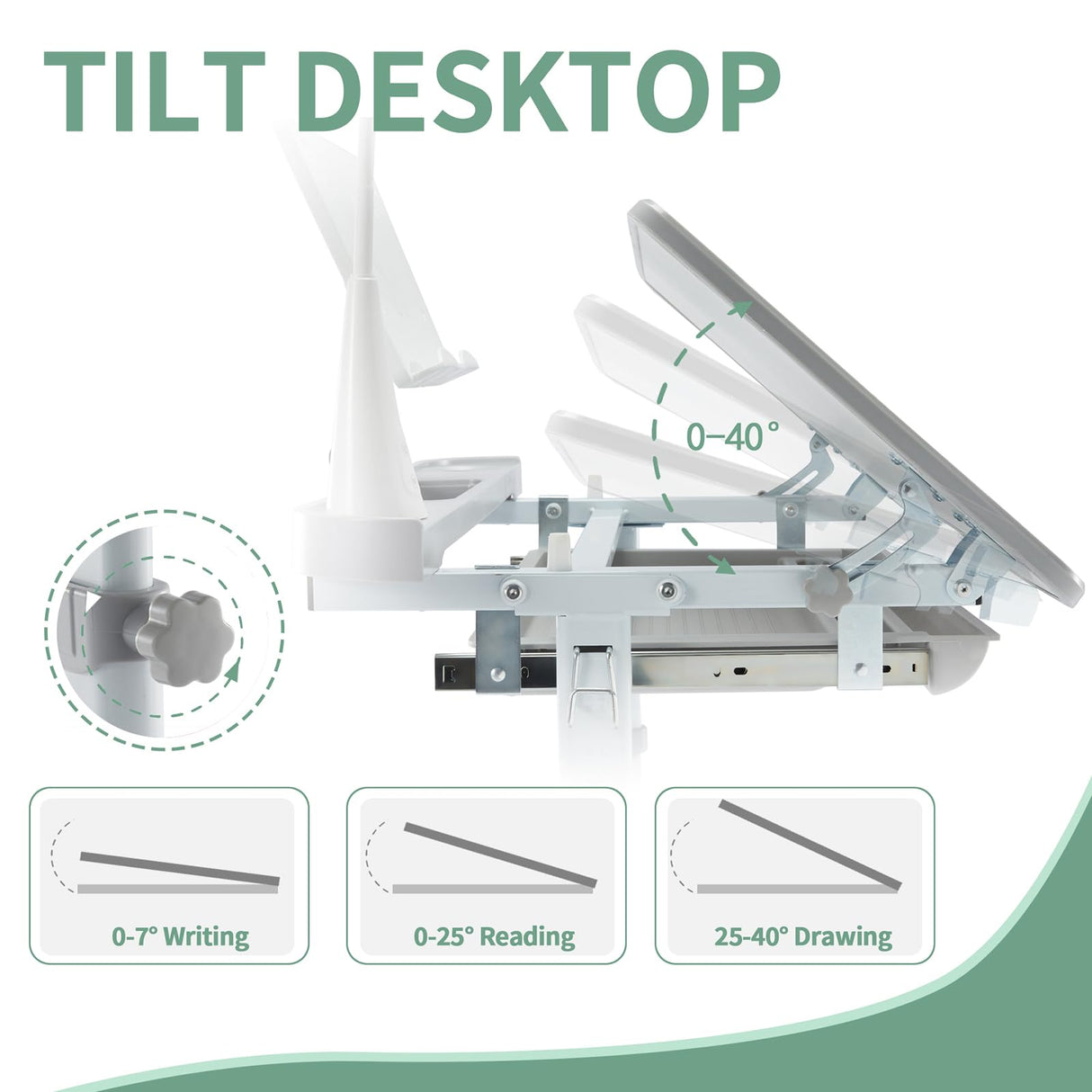 Diroan Kids Functional Desk and Chair Set, Ergonomic Height Adjustable Children School Study Desk with Tilt Desktop, Book Stand, LED Light, Metal Hook and Storage Drawer for Boys Girls(Grey) Diroan