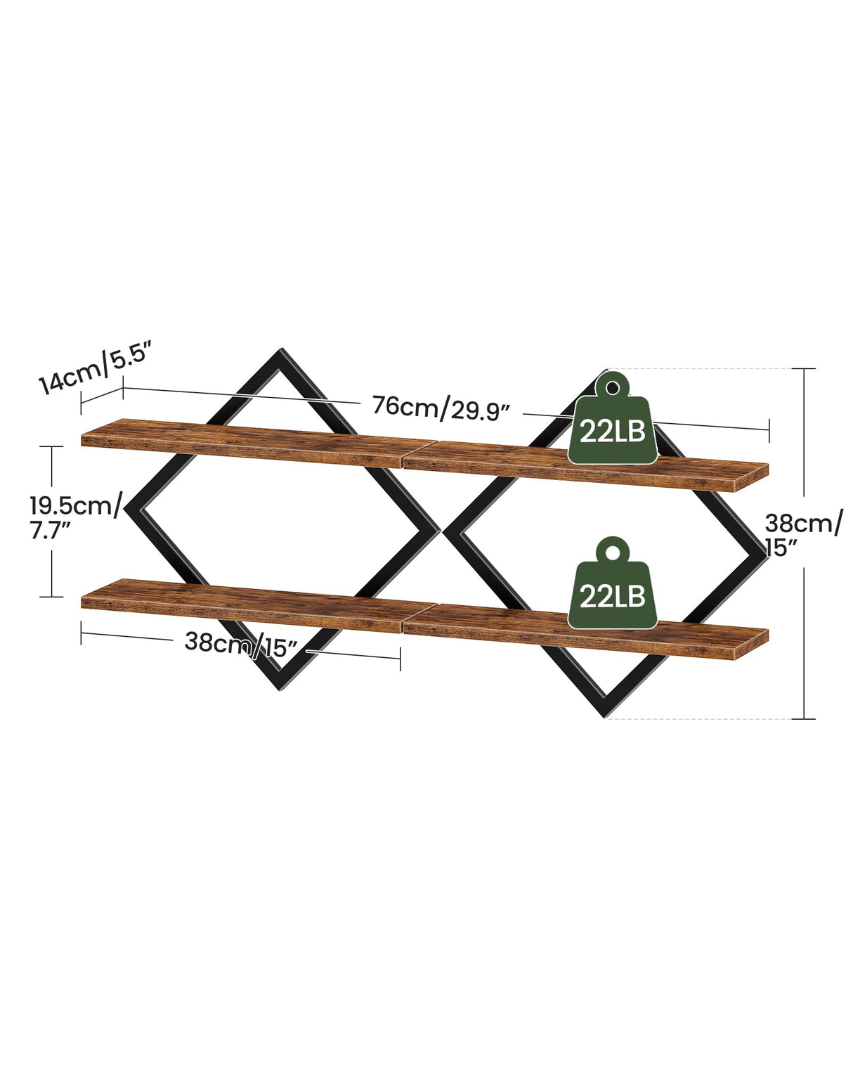 CHOEZON Floating Shelves, Set of 2 Wall Shelves, 2-Tier Hanging Shelves, Wall Shelf Set of 2, Wall Mounted Shelves, for Living Room, Bedroom, Kitchen, Office, Study, Rustic Brown TBJ01P2BF CHOEZON