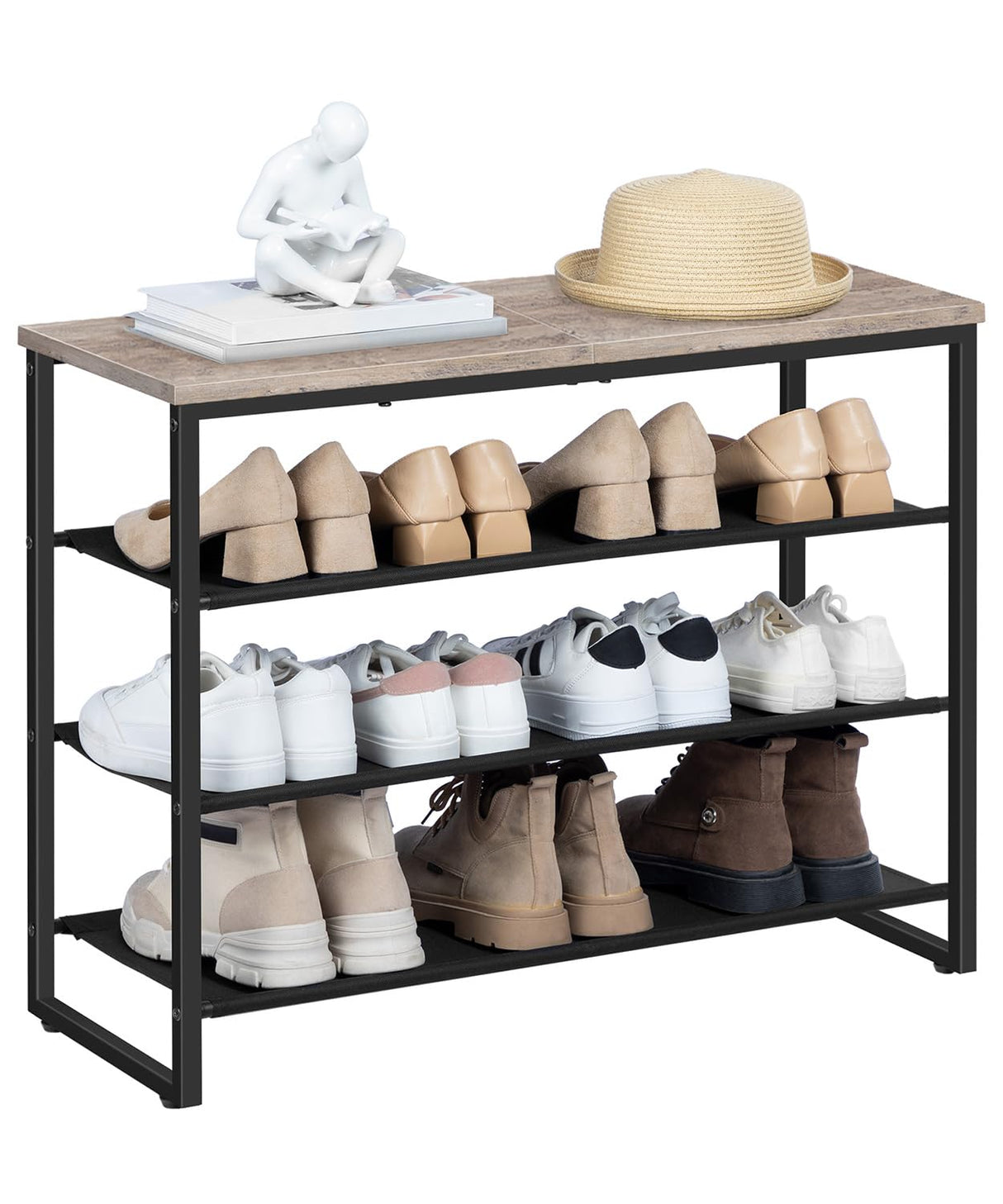 HOOBRO Shoe Rack, 4 Tier Shoe Storage Organizer with 3 Oxford Fabric Shelves and Top Panel, Holds 12-16 Pairs of Shoes for Entryway and Closet, Industrial, Greige BG47XJ01G1 HOOBRO