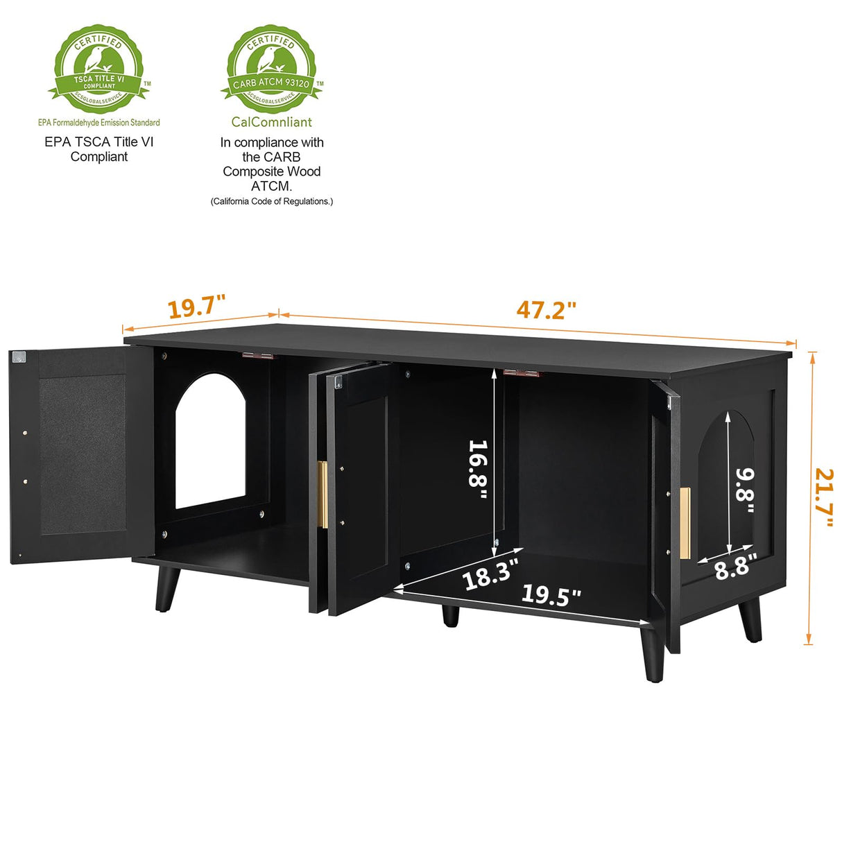 Homhedy Boho Cat Litter Box Enclosure for 2 Cats,Litter Box Furniture Hidden with Double Rattan Decorated Doors,Wooden Cat Washroom Furniture,Cat House,47.2”L x 19.7”W x 21.7”H, Black Homhedy