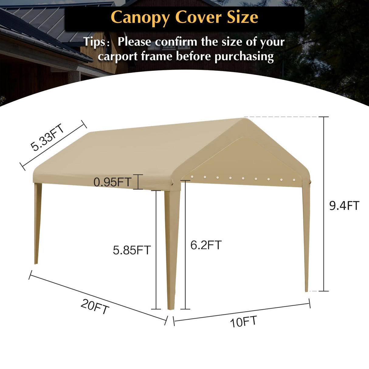 GOTRUTH 10x20 Canopy Replacement Cover, Carport Replacement Canopy Top Cover for 10' x 20' Frame, 800D Heavy Duty Waterproof & UV Protected Car Canopy with Ball Bungees (Frame is not Included) (Beige) GOTRUTH