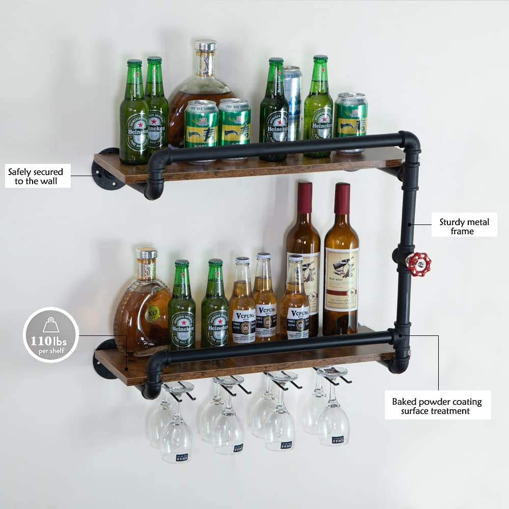 BOTAOYIYI Wine Rack Wall Mounted 2 Tier, Hanging Floating Small Mini Bar Liquor Shelves with Glass Holder Storage Under, Industrial Rustic Pipe Farmhouse Kitchen Decor Black(23.6x10.6x19.7) BOTAOYIYI